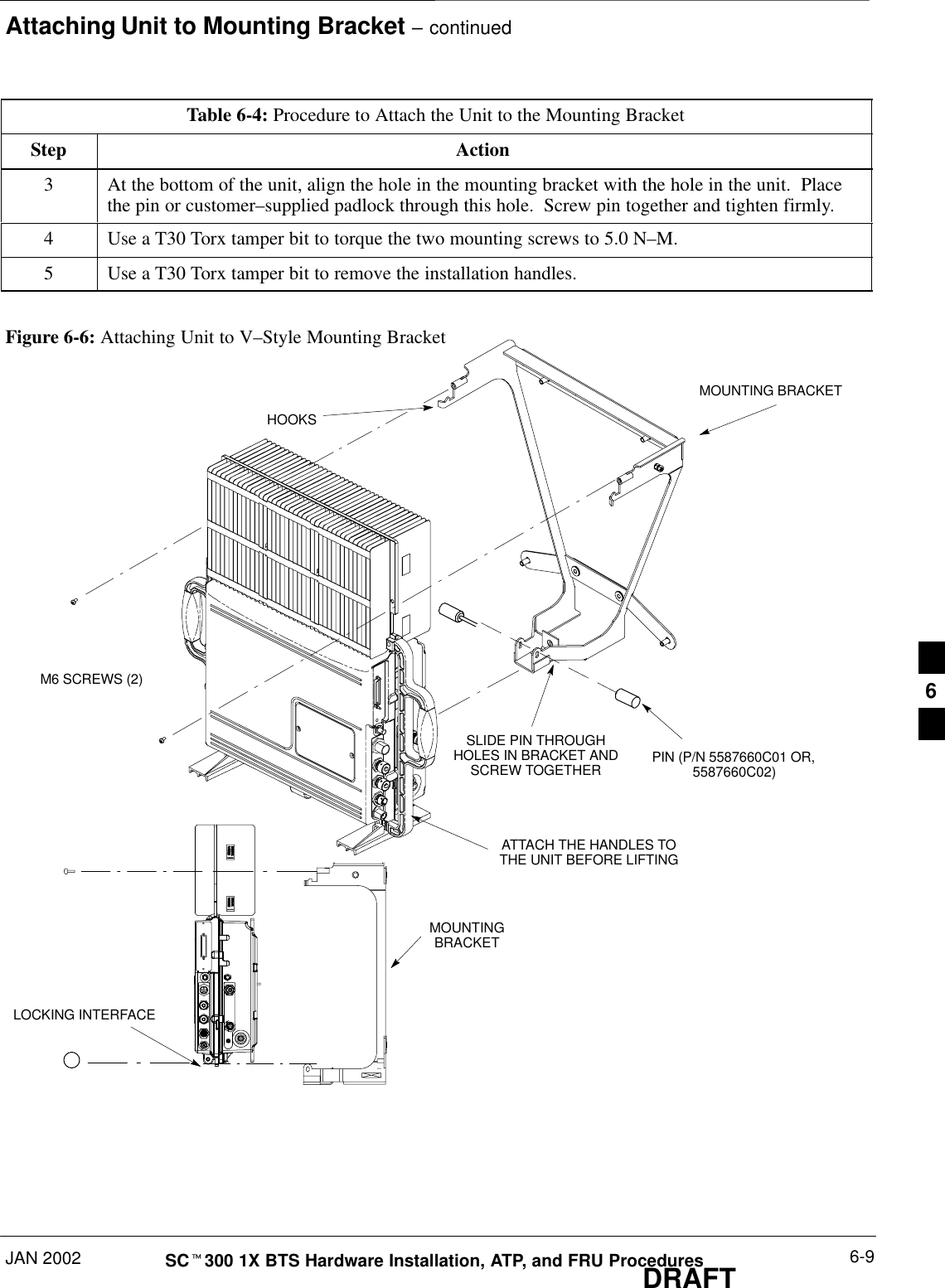 Attaching Unit to Mounting Bracket – continuedJAN 2002 6-9SCt300 1X BTS Hardware Installation, ATP, and FRU ProceduresDRAFTTable 6-4: Procedure to Attach the Unit to the Mounting BracketStep Action3At the bottom of the unit, align the hole in the mounting bracket with the hole in the unit.  Placethe pin or customer–supplied padlock through this hole.  Screw pin together and tighten firmly.4Use a T30 Torx tamper bit to torque the two mounting screws to 5.0 N–M.5Use a T30 Torx tamper bit to remove the installation handles.Figure 6-6: Attaching Unit to V–Style Mounting BracketATTACH THE HANDLES TOTHE UNIT BEFORE LIFTINGHOOKSMOUNTINGBRACKETSLIDE PIN THROUGHHOLES IN BRACKET ANDSCREW TOGETHERM6 SCREWS (2)LOCKING INTERFACEMOUNTING BRACKETPIN (P/N 5587660C01 OR,5587660C02)6