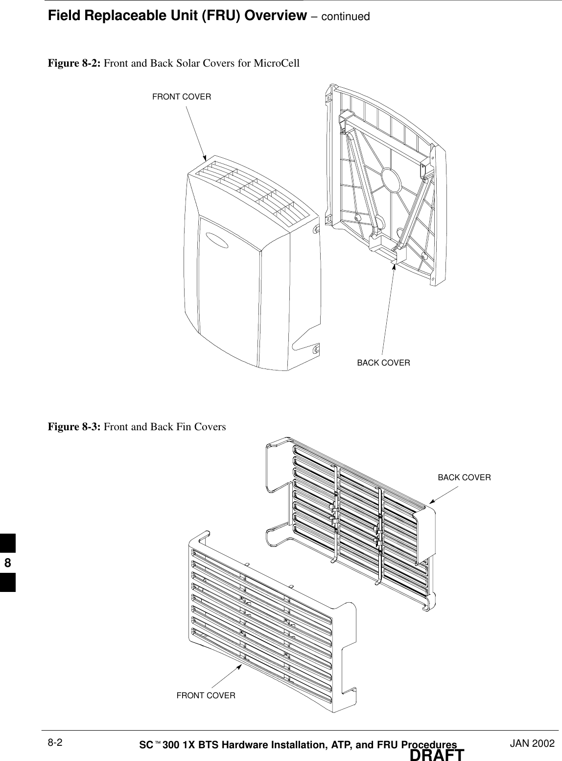 Field Replaceable Unit (FRU) Overview – continuedDRAFTSCt300 1X BTS Hardware Installation, ATP, and FRU Procedures JAN 20028-2Figure 8-2: Front and Back Solar Covers for MicroCellFRONT COVERBACK COVERFigure 8-3: Front and Back Fin CoversBACK COVERFRONT COVER8