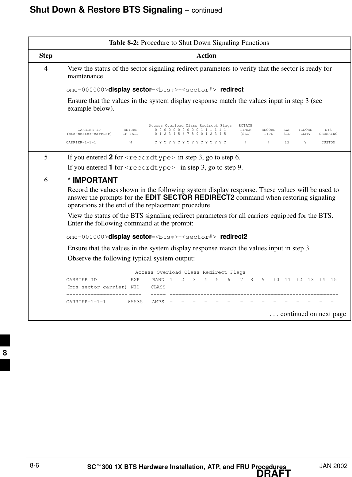 Shut Down &amp; Restore BTS Signaling – continuedDRAFTSCt300 1X BTS Hardware Installation, ATP, and FRU Procedures JAN 20028-6Table 8-2: Procedure to Shut Down Signaling FunctionsStep Action4View the status of the sector signaling redirect parameters to verify that the sector is ready formaintenance.omc–000000&gt;display sector–&lt;bts#&gt;–&lt;sector#&gt; redirectEnsure that the values in the system display response match the values input in step 3 (seeexample below).Access Overload Class Redirect Flags ROTATECARRIER ID RETURN 0 0 0 0 0 0 0 0 0 0 1 1 1 1 1 1 TIMER RECORD EXP IGNORE SYS(bts–sector–carrier) IF FAIL 0 1 2 3 4 5 6 7 8 9 0 1 2 3 4 5 (SEC) TYPE SID CDMA ORDERING–––––––––––––––––––– ––––––– – – – – – – – – – – – – – – – – ––––– –––– –––– ––– ––––––––CARRIER–1–1–1 N Y Y Y Y Y Y Y Y Y Y Y Y Y Y Y Y 4 4 13 Y CUSTOM5If you entered 2 for &lt;recordtype&gt; in step 3, go to step 6.If you entered 1 for &lt;recordtype&gt; in step 3, go to step 9.6* IMPORTANTRecord the values shown in the following system display response. These values will be used toanswer the prompts for the EDIT SECTOR REDIRECT2 command when restoring signalingoperations at the end of the replacement procedure.View the status of the BTS signaling redirect parameters for all carriers equipped for the BTS.Enter the following command at the prompt:omc–000000&gt;display sector–&lt;bts#&gt;–&lt;sector#&gt; redirect2omc 000000&gt;display sector–&lt;bts#&gt; &lt;sector#&gt; redirect2Ensure that the values in the system display response match the values input in step 3.Observe the following typical system output:Access Overload Class Redirect FlagsCARRIER ID EXP BAND 123456 789101112131415(bts–sector–carrier) NID CLASS–––––––––––––––––––– –––– ––––– –––––––––––––––––––––––––––––––––––––––––––––––––––––––CARRIER–1–1–1 65535 AMPS –––––– ––––––––– . . . continued on next page8