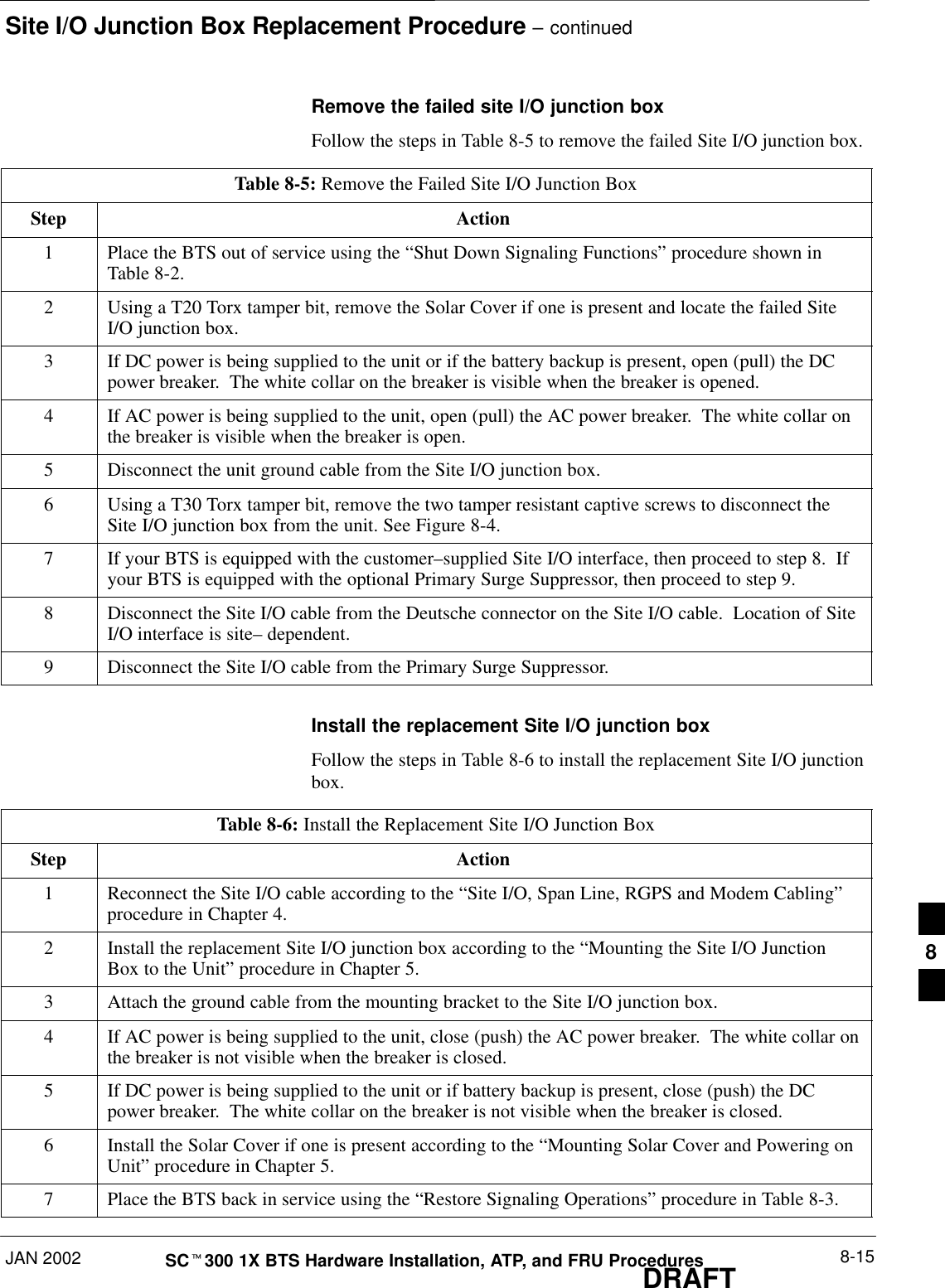Site I/O Junction Box Replacement Procedure – continuedJAN 2002 8-15SCt300 1X BTS Hardware Installation, ATP, and FRU ProceduresDRAFTRemove the failed site I/O junction boxFollow the steps in Table 8-5 to remove the failed Site I/O junction box.Table 8-5: Remove the Failed Site I/O Junction BoxStep Action1Place the BTS out of service using the “Shut Down Signaling Functions” procedure shown inTable 8-2.2Using a T20 Torx tamper bit, remove the Solar Cover if one is present and locate the failed SiteI/O junction box.3If DC power is being supplied to the unit or if the battery backup is present, open (pull) the DCpower breaker.  The white collar on the breaker is visible when the breaker is opened.4If AC power is being supplied to the unit, open (pull) the AC power breaker.  The white collar onthe breaker is visible when the breaker is open.5Disconnect the unit ground cable from the Site I/O junction box.6Using a T30 Torx tamper bit, remove the two tamper resistant captive screws to disconnect theSite I/O junction box from the unit. See Figure 8-4.7If your BTS is equipped with the customer–supplied Site I/O interface, then proceed to step 8.  Ifyour BTS is equipped with the optional Primary Surge Suppressor, then proceed to step 9.8Disconnect the Site I/O cable from the Deutsche connector on the Site I/O cable.  Location of SiteI/O interface is site– dependent.9Disconnect the Site I/O cable from the Primary Surge Suppressor.Install the replacement Site I/O junction boxFollow the steps in Table 8-6 to install the replacement Site I/O junctionbox.Table 8-6: Install the Replacement Site I/O Junction BoxStep Action1Reconnect the Site I/O cable according to the “Site I/O, Span Line, RGPS and Modem Cabling”procedure in Chapter 4.2Install the replacement Site I/O junction box according to the “Mounting the Site I/O JunctionBox to the Unit” procedure in Chapter 5.3Attach the ground cable from the mounting bracket to the Site I/O junction box.4If AC power is being supplied to the unit, close (push) the AC power breaker.  The white collar onthe breaker is not visible when the breaker is closed.5If DC power is being supplied to the unit or if battery backup is present, close (push) the DCpower breaker.  The white collar on the breaker is not visible when the breaker is closed.6Install the Solar Cover if one is present according to the “Mounting Solar Cover and Powering onUnit” procedure in Chapter 5.7Place the BTS back in service using the “Restore Signaling Operations” procedure in Table 8-3.8