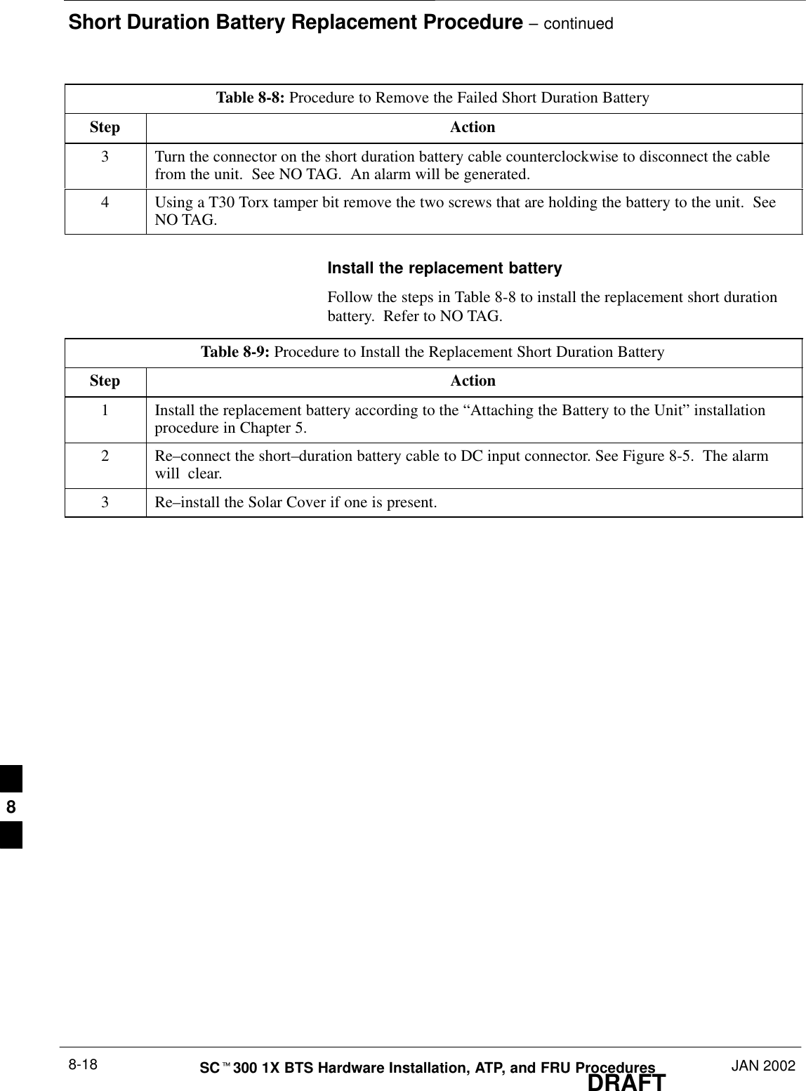 Short Duration Battery Replacement Procedure – continuedDRAFTSCt300 1X BTS Hardware Installation, ATP, and FRU Procedures JAN 20028-18Table 8-8: Procedure to Remove the Failed Short Duration BatteryStep Action3Turn the connector on the short duration battery cable counterclockwise to disconnect the cablefrom the unit.  See NO TAG.  An alarm will be generated.4Using a T30 Torx tamper bit remove the two screws that are holding the battery to the unit.  SeeNO TAG.Install the replacement batteryFollow the steps in Table 8-8 to install the replacement short durationbattery.  Refer to NO TAG.Table 8-9: Procedure to Install the Replacement Short Duration BatteryStep Action1Install the replacement battery according to the “Attaching the Battery to the Unit” installationprocedure in Chapter 5.2 Re–connect the short–duration battery cable to DC input connector. See Figure 8-5.  The alarmwill  clear.3 Re–install the Solar Cover if one is present.8