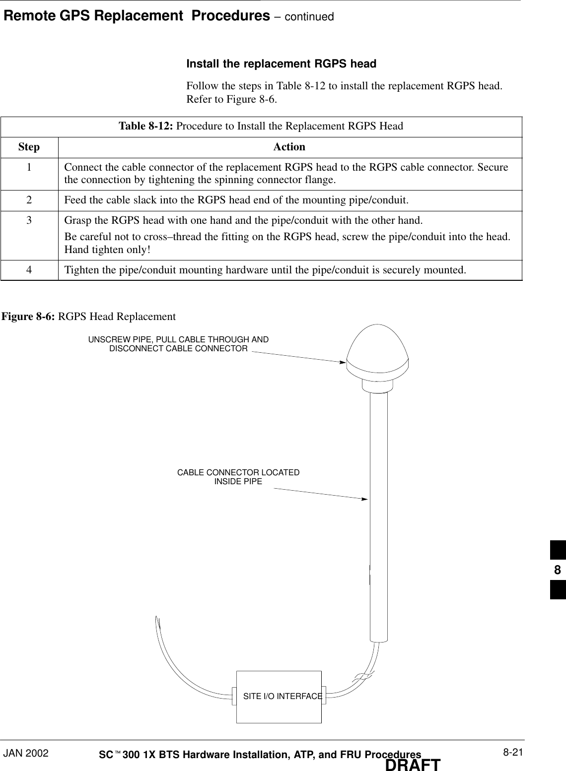 Remote GPS Replacement  Procedures – continuedJAN 2002 8-21SCt300 1X BTS Hardware Installation, ATP, and FRU ProceduresDRAFTInstall the replacement RGPS headFollow the steps in Table 8-12 to install the replacement RGPS head.Refer to Figure 8-6.Table 8-12: Procedure to Install the Replacement RGPS HeadStep Action1Connect the cable connector of the replacement RGPS head to the RGPS cable connector. Securethe connection by tightening the spinning connector flange.2Feed the cable slack into the RGPS head end of the mounting pipe/conduit.3Grasp the RGPS head with one hand and the pipe/conduit with the other hand.Be careful not to cross–thread the fitting on the RGPS head, screw the pipe/conduit into the head.Hand tighten only!4Tighten the pipe/conduit mounting hardware until the pipe/conduit is securely mounted.Figure 8-6: RGPS Head ReplacementSITE I/O INTERFACEUNSCREW PIPE, PULL CABLE THROUGH ANDDISCONNECT CABLE CONNECTORCABLE CONNECTOR LOCATEDINSIDE PIPE8