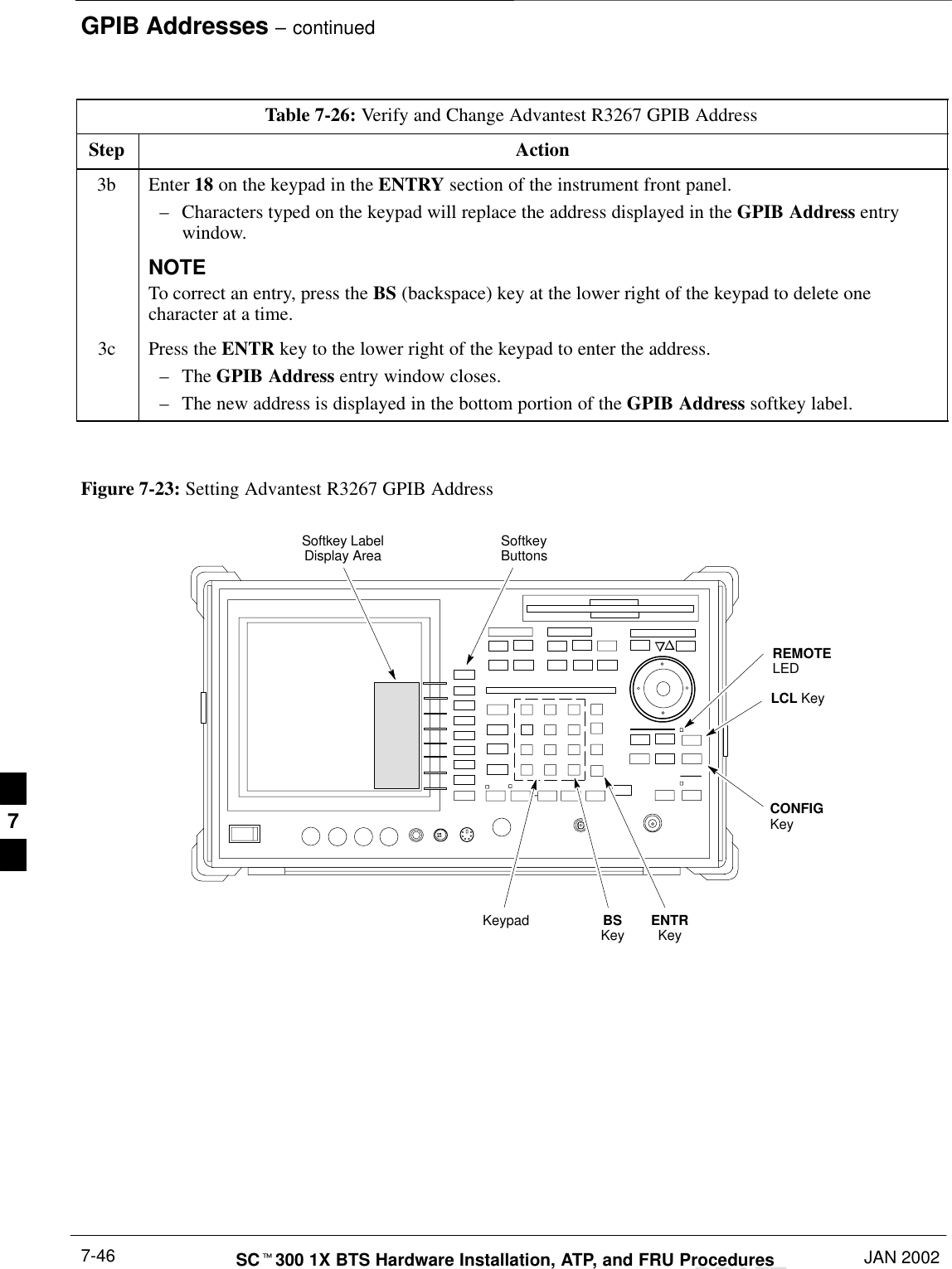 GPIB Addresses – continuedDRAFTSCt300 1X BTS Hardware Installation, ATP, and FRU Procedures JAN 20027-46Table 7-26: Verify and Change Advantest R3267 GPIB AddressStep Action3b Enter 18 on the keypad in the ENTRY section of the instrument front panel.–Characters typed on the keypad will replace the address displayed in the GPIB Address entrywindow.NOTETo correct an entry, press the BS (backspace) key at the lower right of the keypad to delete onecharacter at a time.3c Press the ENTR key to the lower right of the keypad to enter the address.–The GPIB Address entry window closes.–The new address is displayed in the bottom portion of the GPIB Address softkey label. Figure 7-23: Setting Advantest R3267 GPIB AddressonREMOTELEDLCL KeyCONFIGKeySoftkey LabelDisplay Area SoftkeyButtonsKeypad BSKey ENTRKey7