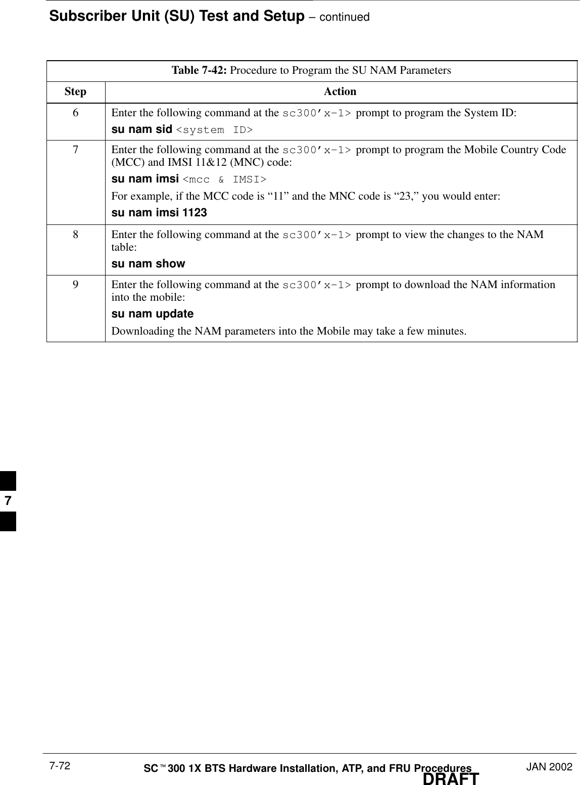 Subscriber Unit (SU) Test and Setup – continuedDRAFTSCt300 1X BTS Hardware Installation, ATP, and FRU Procedures JAN 20027-72Table 7-42: Procedure to Program the SU NAM ParametersStep Action6Enter the following command at the sc300’x–1&gt; prompt to program the System ID:su nam sid &lt;system ID&gt;7Enter the following command at the sc300’x–1&gt; prompt to program the Mobile Country Code(MCC) and IMSI 11&amp;12 (MNC) code:su nam imsi &lt;mcc &amp; IMSI&gt;For example, if the MCC code is “11” and the MNC code is “23,” you would enter:su nam imsi 11238Enter the following command at the sc300’x–1&gt; prompt to view the changes to the NAMtable:su nam show9Enter the following command at the sc300’x–1&gt; prompt to download the NAM informationinto the mobile:su nam updateDownloading the NAM parameters into the Mobile may take a few minutes.7