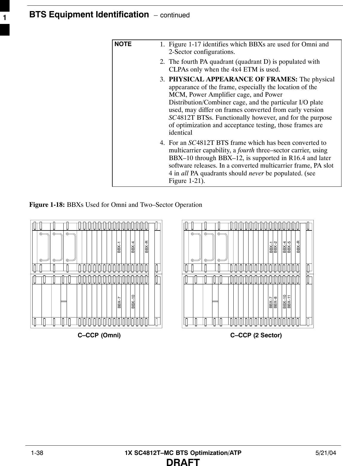 BTS Equipment Identification  – continued 1-38 1X SC4812T–MC BTS Optimization/ATP 5/21/04DRAFTNOTE 1. Figure 1-17 identifies which BBXs are used for Omni and2-Sector configurations.2. The fourth PA quadrant (quadrant D) is populated withCLPAs only when the 4x4 ETM is used.3. PHYSICAL APPEARANCE OF FRAMES: The physicalappearance of the frame, especially the location of theMCM, Power Amplifier cage, and PowerDistribution/Combiner cage, and the particular I/O plateused, may differ on frames converted from early versionSC4812T BTSs. Functionally however, and for the purposeof optimization and acceptance testing, those frames areidentical4. For an SC4812T BTS frame which has been converted tomulticarrier capability, a fourth three–sector carrier, usingBBX–10 through BBX–12, is supported in R16.4 and latersoftware releases. In a converted multicarrier frame, PA slot4 in all PA quadrants should never be populated. (seeFigure 1-21).Figure 1-18: BBXs Used for Omni and Two–Sector OperationBBX–1BBX–4BBX–RBBX–7BBX–10BBX–1BBX–2BBX–4BBX–5BBX–RBBX–7BBX–8BBX–10BBX–11C–CCP (Omni) C–CCP (2 Sector)1