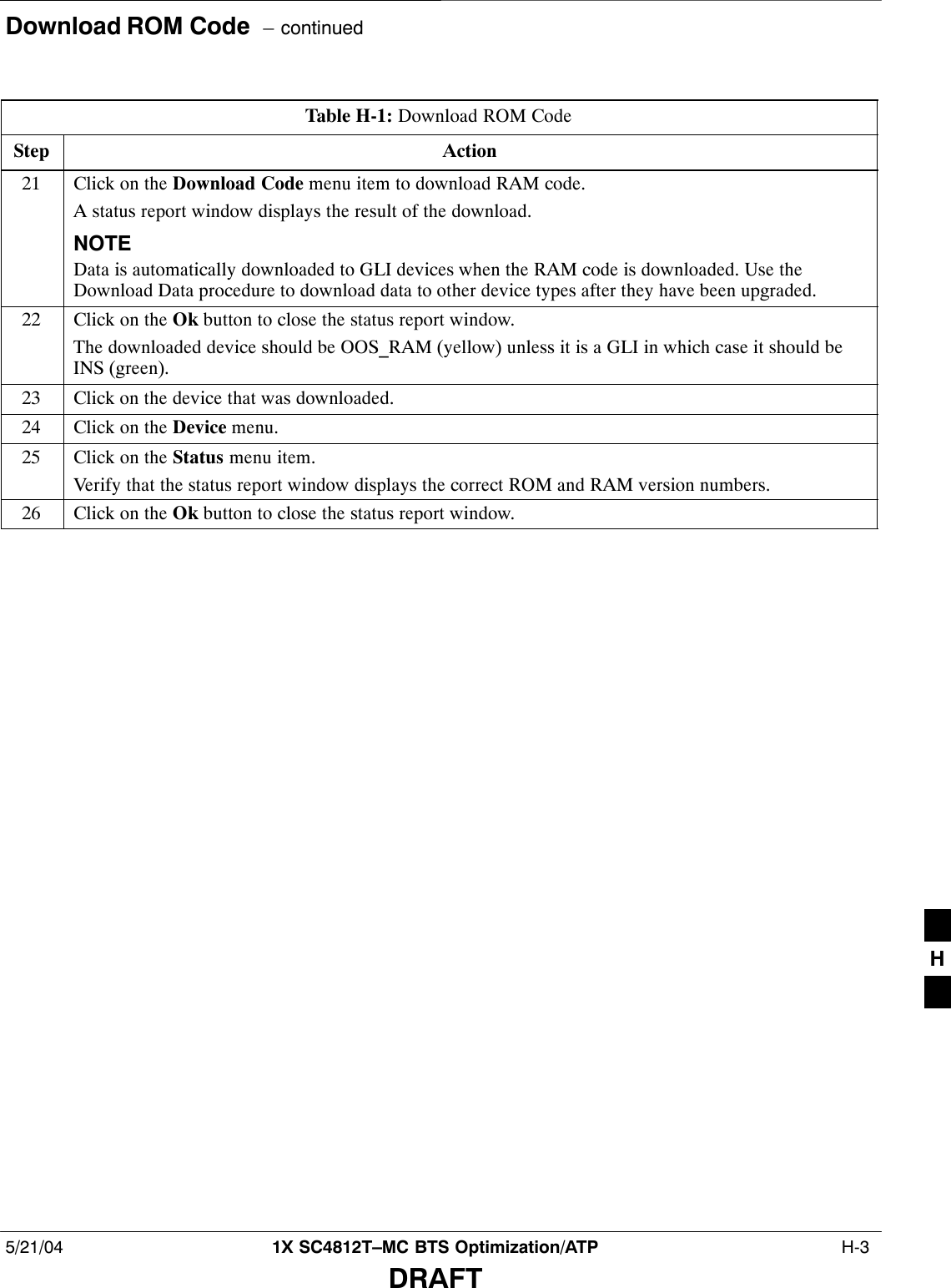 Download ROM Code  – continued5/21/04 1X SC4812T–MC BTS Optimization/ATP  H-3DRAFTTable H-1: Download ROM CodeStep Action21 Click on the Download Code menu item to download RAM code.A status report window displays the result of the download.NOTEData is automatically downloaded to GLI devices when the RAM code is downloaded. Use theDownload Data procedure to download data to other device types after they have been upgraded.22 Click on the Ok button to close the status report window.The downloaded device should be OOS_RAM (yellow) unless it is a GLI in which case it should beINS (green).23 Click on the device that was downloaded.24 Click on the Device menu.25 Click on the Status menu item.Verify that the status report window displays the correct ROM and RAM version numbers.26 Click on the Ok button to close the status report window. H