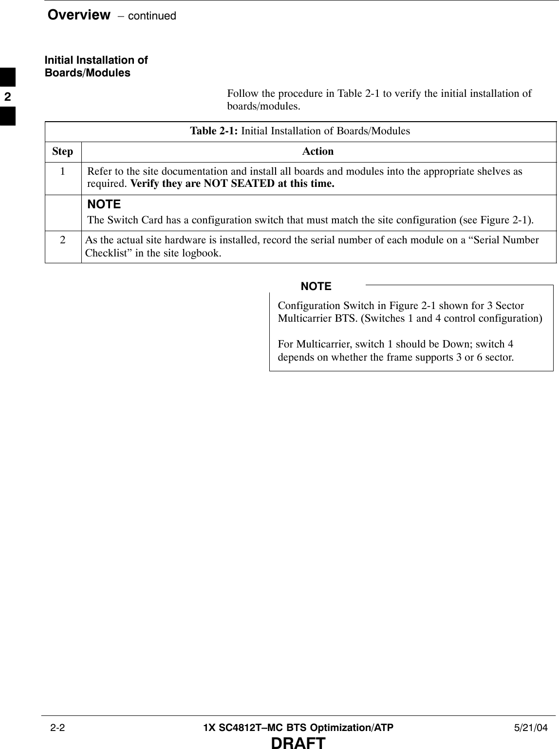 Overview  – continued 2-2 1X SC4812T–MC BTS Optimization/ATP 5/21/04DRAFTInitial Installation ofBoards/ModulesFollow the procedure in Table 2-1 to verify the initial installation ofboards/modules.Table 2-1: Initial Installation of Boards/ModulesStep Action1Refer to the site documentation and install all boards and modules into the appropriate shelves asrequired. Verify they are NOT SEATED at this time.NOTEThe Switch Card has a configuration switch that must match the site configuration (see Figure 2-1).2As the actual site hardware is installed, record the serial number of each module on a “Serial NumberChecklist” in the site logbook.Configuration Switch in Figure 2-1 shown for 3 SectorMulticarrier BTS. (Switches 1 and 4 control configuration)For Multicarrier, switch 1 should be Down; switch 4depends on whether the frame supports 3 or 6 sector.NOTE2