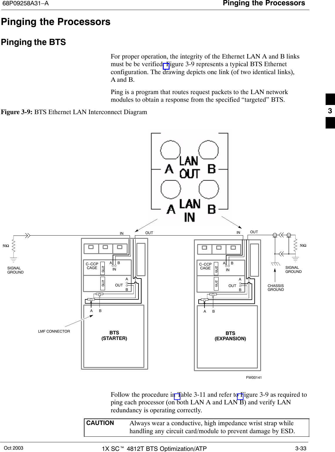 Pinging the Processors68P09258A31–AOct 2003 1X SCt 4812T BTS Optimization/ATP 3-33Pinging the ProcessorsPinging the BTSFor proper operation, the integrity of the Ethernet LAN A and B linksmust be be verified. Figure 3-9 represents a typical BTS Ethernetconfiguration. The drawing depicts one link (of two identical links),A and B.Ping is a program that routes request packets to the LAN networkmodules to obtain a response from the specified “targeted” BTS.Figure 3-9: BTS Ethernet LAN Interconnect DiagramCHASSISGROUNDSIGNALGROUND50ΩSIGNALGROUND50ΩINLMF CONNECTORBC–CCPCAGEABINABAOUTOUTBTS(EXPANSION)BC–CCPCAGEABINABAOUTBTS(STARTER)INOUTFW00141Follow the procedure in Table 3-11 and refer to Figure 3-9 as required toping each processor (on both LAN A and LAN B) and verify LANredundancy is operating correctly.CAUTION Always wear a conductive, high impedance wrist strap whilehandling any circuit card/module to prevent damage by ESD.3