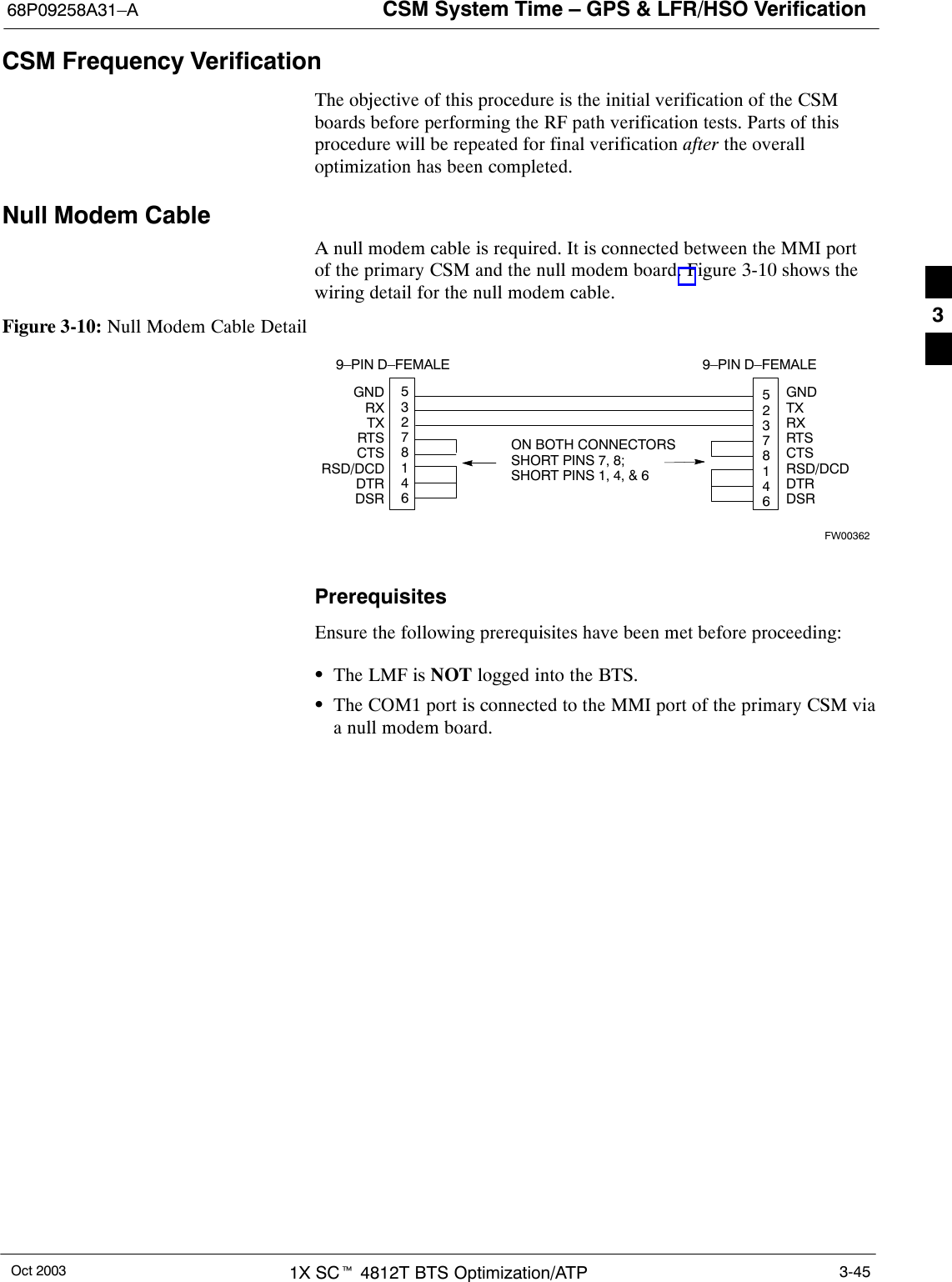 CSM System Time – GPS &amp; LFR/HSO Verification68P09258A31–AOct 2003 1X SCt 4812T BTS Optimization/ATP 3-45CSM Frequency VerificationThe objective of this procedure is the initial verification of the CSMboards before performing the RF path verification tests. Parts of thisprocedure will be repeated for final verification after the overalloptimization has been completed.Null Modem CableA null modem cable is required. It is connected between the MMI portof the primary CSM and the null modem board. Figure 3-10 shows thewiring detail for the null modem cable.Figure 3-10: Null Modem Cable Detail53278146GNDRXTXRTSCTSRSD/DCDDTRDSRGNDTXRXRTSCTSRSD/DCDDTRDSRON BOTH CONNECTORSSHORT PINS 7, 8;SHORT PINS 1, 4, &amp; 69–PIN D–FEMALE 9–PIN D–FEMALE52378146FW00362PrerequisitesEnsure the following prerequisites have been met before proceeding:SThe LMF is NOT logged into the BTS.SThe COM1 port is connected to the MMI port of the primary CSM viaa null modem board.3