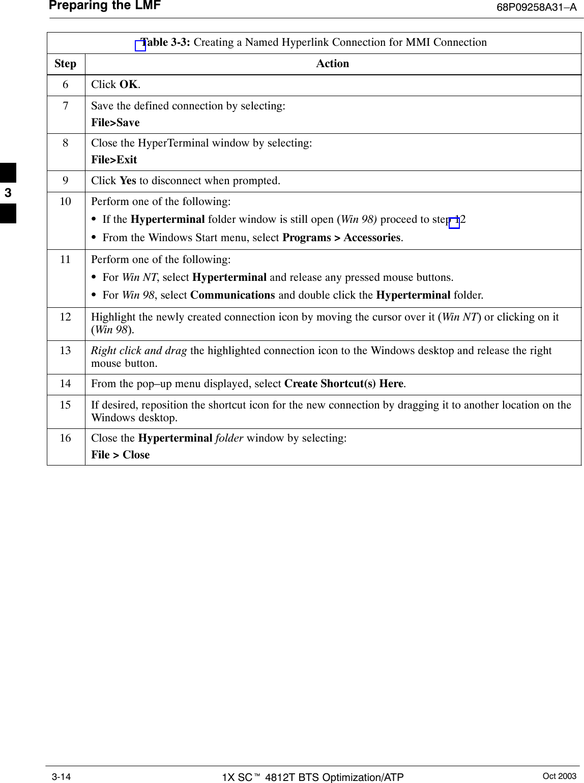 Preparing the LMF 68P09258A31–AOct 20031X SCt 4812T BTS Optimization/ATP3-14Table 3-3: Creating a Named Hyperlink Connection for MMI ConnectionStep Action6 Click OK.7Save the defined connection by selecting:File&gt;Save8Close the HyperTerminal window by selecting:File&gt;Exit9 Click Yes  to disconnect when prompted.10 Perform one of the following:SIf the Hyperterminal folder window is still open (Win 98) proceed to step 12SFrom the Windows Start menu, select Programs &gt; Accessories.11 Perform one of the following:SFor Win NT, select Hyperterminal and release any pressed mouse buttons.SFor Win 98, select Communications and double click the Hyperterminal folder.12 Highlight the newly created connection icon by moving the cursor over it (Win NT) or clicking on it(Win 98).13 Right click and drag the highlighted connection icon to the Windows desktop and release the rightmouse button.14 From the pop–up menu displayed, select Create Shortcut(s) Here.15 If desired, reposition the shortcut icon for the new connection by dragging it to another location on theWindows desktop.16 Close the Hyperterminal folder window by selecting:File &gt; Close 3