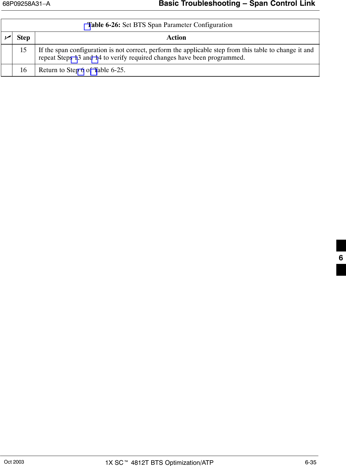 Basic Troubleshooting – Span Control Link68P09258A31–AOct 2003 1X SCt 4812T BTS Optimization/ATP 6-35Table 6-26: Set BTS Span Parameter ConfigurationnActionStep15 If the span configuration is not correct, perform the applicable step from this table to change it andrepeat Steps 13 and 14 to verify required changes have been programmed.16 Return to Step 6 of Table 6-25. 6