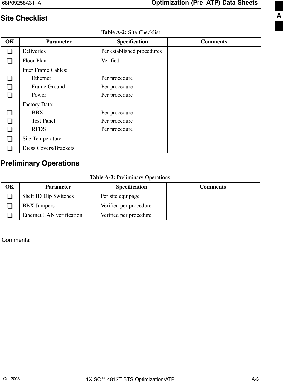 Optimization (Pre–ATP) Data Sheets68P09258A31–AOct 2003 1X SCt 4812T BTS Optimization/ATP A-3Site ChecklistTable A-2: Site ChecklistOK Parameter Specification Comments−Deliveries Per established procedures−Floor Plan Verified−−−Inter Frame Cables:EthernetFrame GroundPowerPer procedurePer procedurePer procedure−−−Factory Data:BBXTest PanelRFDSPer procedurePer procedurePer procedure−Site Temperature−Dress Covers/BracketsPreliminary OperationsTable A-3: Preliminary OperationsOK Parameter Specification Comments−Shelf ID Dip Switches Per site equipage−BBX Jumpers Verified per procedure−Ethernet LAN verification Verified per procedureComments:_________________________________________________________A