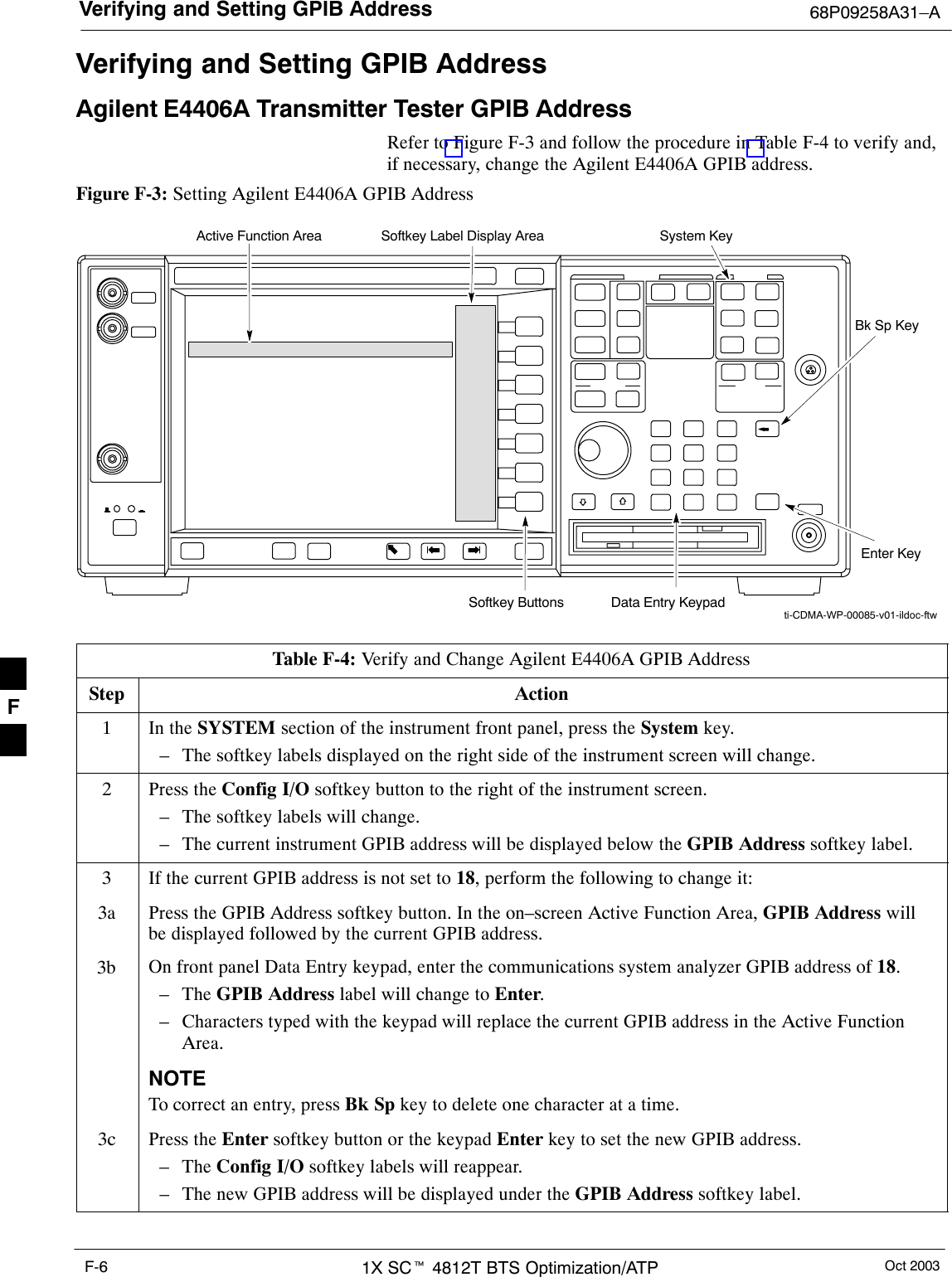 Verifying and Setting GPIB Address 68P09258A31–AOct 20031X SCt 4812T BTS Optimization/ATPF-6Verifying and Setting GPIB AddressAgilent E4406A Transmitter Tester GPIB AddressRefer to Figure F-3 and follow the procedure in Table F-4 to verify and,if necessary, change the Agilent E4406A GPIB address.Figure F-3: Setting Agilent E4406A GPIB AddressSystem KeyBk Sp KeyEnter KeyData Entry KeypadSoftkey ButtonsSoftkey Label Display AreaActive Function Areati-CDMA-WP-00085-v01-ildoc-ftwTable F-4: Verify and Change Agilent E4406A GPIB AddressStep Action1In the SYSTEM section of the instrument front panel, press the System key.– The softkey labels displayed on the right side of the instrument screen will change.2Press the Config I/O softkey button to the right of the instrument screen.– The softkey labels will change.– The current instrument GPIB address will be displayed below the GPIB Address softkey label.3If the current GPIB address is not set to 18, perform the following to change it:3a Press the GPIB Address softkey button. In the on–screen Active Function Area, GPIB Address willbe displayed followed by the current GPIB address.3b On front panel Data Entry keypad, enter the communications system analyzer GPIB address of 18.– The GPIB Address label will change to Enter.– Characters typed with the keypad will replace the current GPIB address in the Active FunctionArea.NOTETo correct an entry, press Bk Sp key to delete one character at a time.3c Press the Enter softkey button or the keypad Enter key to set the new GPIB address.– The Config I/O softkey labels will reappear.– The new GPIB address will be displayed under the GPIB Address softkey label. F