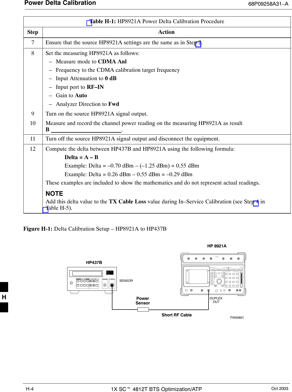 Power Delta Calibration 68P09258A31–AOct 20031X SCt 4812T BTS Optimization/ATPH-4Table H-1: HP8921A Power Delta Calibration ProcedureStep Action7Ensure that the source HP8921A settings are the same as in Step 2.8Set the measuring HP8921A as follows:– Measure mode to CDMA Anl– Frequency to the CDMA calibration target frequency– Input Attenuation to 0 dB– Input port to RF–IN– Gain to Auto– Analyzer Direction to Fwd9Turn on the source HP8921A signal output.10 Measure and record the channel power reading on the measuring HP8921A as resultB ________________________.11 Turn off the source HP8921A signal output and disconnect the equipment.12 Compute the delta between HP437B and HP8921A using the following formula:Delta = A – BExample: Delta = –0.70 dBm – (–1.25 dBm) = 0.55 dBmExample: Delta = 0.26 dBm – 0.55 dBm = –0.29 dBmThese examples are included to show the mathematics and do not represent actual readings.NOTEAdd this delta value to the TX Cable Loss value during In–Service Calibration (see Step 4 inTable H-5). Figure H-1: Delta Calibration Setup – HP8921A to HP437BShort RF CableHP 8921ADUPLEXOUTHP437BPowerSensorSENSORFW00801H