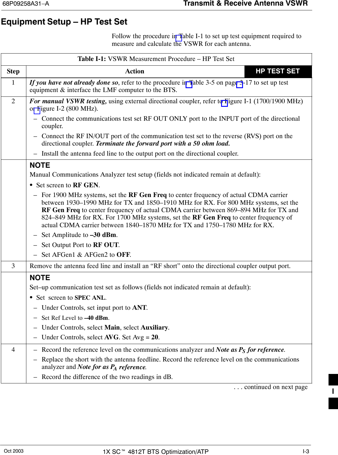 Transmit &amp; Receive Antenna VSWR68P09258A31–AOct 2003 1X SCt 4812T BTS Optimization/ATP I-3Equipment Setup – HP Test Set Follow the procedure in Table I-1 to set up test equipment required tomeasure and calculate the VSWR for each antenna.Table I-1: VSWR Measurement Procedure – HP Test SetStep Action HP TEST SET1If you have not already done so, refer to the procedure in Table 3-5 on page 3-17 to set up testequipment &amp; interface the LMF computer to the BTS.2For manual VSWR testing, using external directional coupler, refer to Figure I-1 (1700/1900 MHz)or Figure I-2 (800 MHz).– Connect the communications test set RF OUT ONLY port to the INPUT port of the directionalcoupler.– Connect the RF IN/OUT port of the communication test set to the reverse (RVS) port on thedirectional coupler. Terminate the forward port with a 50 ohm load.– Install the antenna feed line to the output port on the directional coupler.NOTEManual Communications Analyzer test setup (fields not indicated remain at default):SSet screen to RF GEN.– For 1900 MHz systems, set the RF Gen Freq to center frequency of actual CDMA carrierbetween 1930–1990 MHz for TX and 1850–1910 MHz for RX. For 800 MHz systems, set theRF Gen Freq to center frequency of actual CDMA carrier between 869–894 MHz for TX and824–849 MHz for RX. For 1700 MHz systems, set the RF Gen Freq to center frequency ofactual CDMA carrier between 1840–1870 MHz for TX and 1750–1780 MHz for RX.– Set Amplitude to –30 dBm.– Set Output Port to RF OUT.– Set AFGen1 &amp; AFGen2 to OFF.3Remove the antenna feed line and install an “RF short” onto the directional coupler output port.NOTESet–up communication test set as follows (fields not indicated remain at default):SSet  screen to SPEC ANL.– Under Controls, set input port to ANT.–Set Ref Level to –40 dBm.– Under Controls, select Main, select Auxiliary.– Under Controls, select AV G . Set Avg = 20.4– Record the reference level on the communications analyzer and Note as PS for reference. – Replace the short with the antenna feedline. Record the reference level on the communicationsanalyzer and Note for as PA reference.– Record the difference of the two readings in dB.. . . continued on next page I