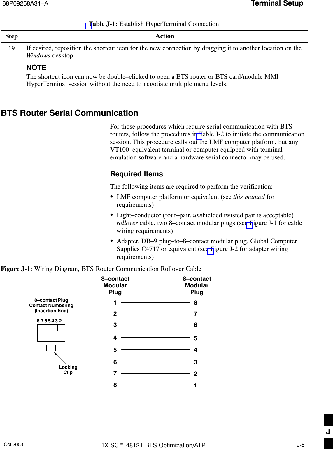 Terminal Setup68P09258A31–AOct 2003 1X SCt 4812T BTS Optimization/ATP J-5Table J-1: Establish HyperTerminal ConnectionStep Action19 If desired, reposition the shortcut icon for the new connection by dragging it to another location on theWindows desktop.NOTEThe shortcut icon can now be double–clicked to open a BTS router or BTS card/module MMIHyperTerminal session without the need to negotiate multiple menu levels. BTS Router Serial CommunicationFor those procedures which require serial communication with BTSrouters, follow the procedures in Table J-2 to initiate the communicationsession. This procedure calls out the LMF computer platform, but anyVT100–equivalent terminal or computer equipped with terminalemulation software and a hardware serial connector may be used.Required ItemsThe following items are required to perform the verification:SLMF computer platform or equivalent (see this manual forrequirements)SEight–conductor (four–pair, unshielded twisted pair is acceptable)rollover cable, two 8–contact modular plugs (see Figure J-1 for cablewiring requirements)SAdapter, DB–9 plug–to–8–contact modular plug, Global ComputerSupplies C4717 or equivalent (see Figure J-2 for adapter wiringrequirements)Figure J-1: Wiring Diagram, BTS Router Communication Rollover Cable8–contact PlugContact Numbering(Insertion End)1234567812345678123456788–contactModularPlug8–contactModularPlugLockingClipJ