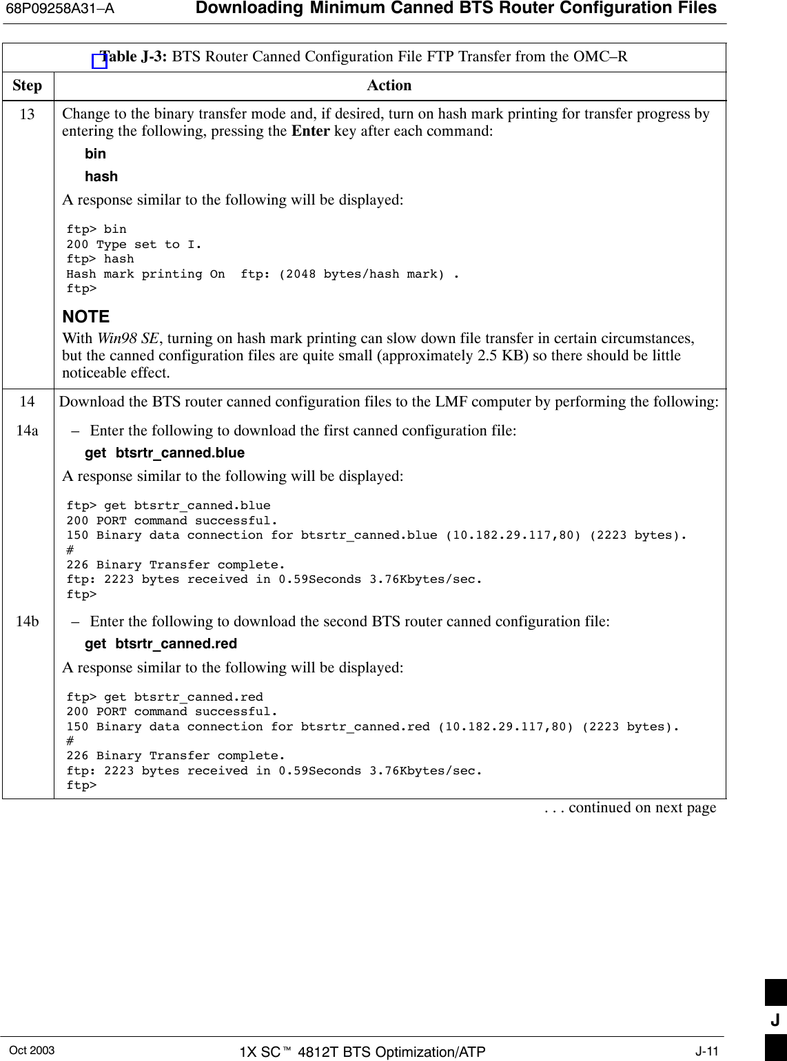 Downloading Minimum Canned BTS Router Configuration Files68P09258A31–AOct 2003 1X SCt 4812T BTS Optimization/ATP J-11Table J-3: BTS Router Canned Configuration File FTP Transfer from the OMC–RStep Action13 Change to the binary transfer mode and, if desired, turn on hash mark printing for transfer progress byentering the following, pressing the Enter key after each command:binhashA response similar to the following will be displayed:ftp&gt; bin200 Type set to I.ftp&gt; hashHash mark printing On  ftp: (2048 bytes/hash mark) .ftp&gt;NOTEWith Win98 SE, turning on hash mark printing can slow down file transfer in certain circumstances,but the canned configuration files are quite small (approximately 2.5 KB) so there should be littlenoticeable effect.14 Download the BTS router canned configuration files to the LMF computer by performing the following:14a – Enter the following to download the first canned configuration file:get  btsrtr_canned.blueA response similar to the following will be displayed:ftp&gt; get btsrtr_canned.blue200 PORT command successful.150 Binary data connection for btsrtr_canned.blue (10.182.29.117,80) (2223 bytes).#226 Binary Transfer complete.ftp: 2223 bytes received in 0.59Seconds 3.76Kbytes/sec.ftp&gt;14b – Enter the following to download the second BTS router canned configuration file:get  btsrtr_canned.redA response similar to the following will be displayed:ftp&gt; get btsrtr_canned.red200 PORT command successful.150 Binary data connection for btsrtr_canned.red (10.182.29.117,80) (2223 bytes).#226 Binary Transfer complete.ftp: 2223 bytes received in 0.59Seconds 3.76Kbytes/sec.ftp&gt;. . . continued on next pageJ