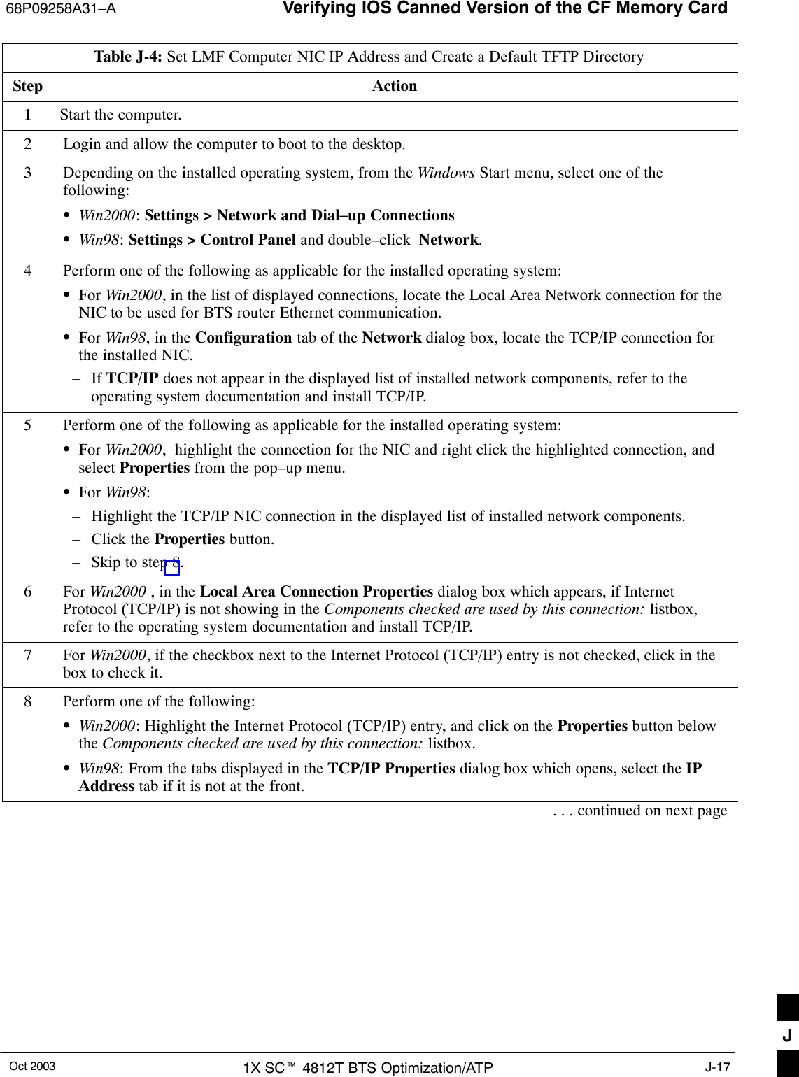 Verifying IOS Canned Version of the CF Memory Card68P09258A31–AOct 2003 1X SCt 4812T BTS Optimization/ATP J-17Table J-4: Set LMF Computer NIC IP Address and Create a Default TFTP DirectoryStep Action1Start the computer.2Login and allow the computer to boot to the desktop.3Depending on the installed operating system, from the Windows Start menu, select one of thefollowing:SWin2000: Settings &gt; Network and Dial–up ConnectionsSWin98: Settings &gt; Control Panel and double–click  Network.4Perform one of the following as applicable for the installed operating system:SFor Win2000, in the list of displayed connections, locate the Local Area Network connection for theNIC to be used for BTS router Ethernet communication.SFor Win98, in the Configuration tab of the Network dialog box, locate the TCP/IP connection forthe installed NIC.– If TCP/IP does not appear in the displayed list of installed network components, refer to theoperating system documentation and install TCP/IP.5Perform one of the following as applicable for the installed operating system:SFor Win2000,  highlight the connection for the NIC and right click the highlighted connection, andselect Properties from the pop–up menu.SFor Win98:– Highlight the TCP/IP NIC connection in the displayed list of installed network components.– Click the Properties button.– Skip to step 8.6 For Win2000 , in the Local Area Connection Properties dialog box which appears, if InternetProtocol (TCP/IP) is not showing in the Components checked are used by this connection: listbox,refer to the operating system documentation and install TCP/IP.7 For Win2000, if the checkbox next to the Internet Protocol (TCP/IP) entry is not checked, click in thebox to check it.8Perform one of the following:SWin2000: Highlight the Internet Protocol (TCP/IP) entry, and click on the Properties button belowthe Components checked are used by this connection: listbox.SWin98: From the tabs displayed in the TCP/IP Properties dialog box which opens, select the IPAddress tab if it is not at the front.. . . continued on next pageJ