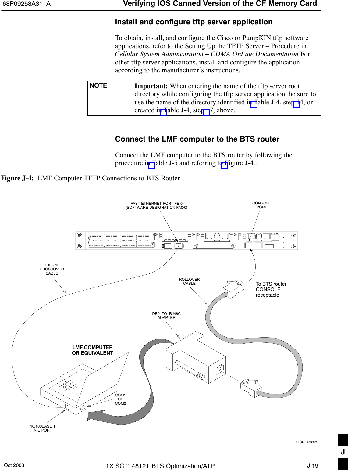 Verifying IOS Canned Version of the CF Memory Card68P09258A31–AOct 2003 1X SCt 4812T BTS Optimization/ATP J-19Install and configure tftp server applicationTo obtain, install, and configure the Cisco or PumpKIN tftp softwareapplications, refer to the Setting Up the TFTP Server – Procedure inCellular System Administration – CDMA OnLine Documentation Forother tftp server applications, install and configure the applicationaccording to the manufacturer’s instructions.NOTE Important: When entering the name of the tftp server rootdirectory while configuring the tftp server application, be sure touse the name of the directory identified in Table J-4, step 14, orcreated in Table J-4, step 17, above.Connect the LMF computer to the BTS routerConnect the LMF computer to the BTS router by following theprocedure in Table J-5 and referring to Figure J-4..Figure J-4:  LMF Computer TFTP Connections to BTS RouterTo BTS routerCONSOLEreceptacleCOM1ORCOM2LMF COMPUTEROR EQUIVALENTROLLOVERCABLEDB9–TO–RJ48CADAPTERBTSRTR0025ETHERNETCROSSOVERCABLE10/100BASE TNIC PORTFAST ETHERNET PORT FE 0(SOFTWARE DESIGNATION FA0/0)CONSOLEPORTJ