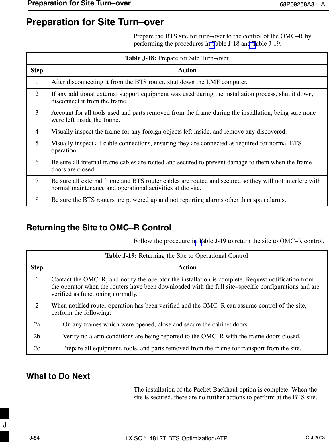 Preparation for Site Turn–over 68P09258A31–AOct 20031X SCt 4812T BTS Optimization/ATPJ-84Preparation for Site Turn–overPrepare the BTS site for turn–over to the control of the OMC–R byperforming the procedures in Table J-18 and Table J-19.Table J-18: Prepare for Site Turn–overStep Action1After disconnecting it from the BTS router, shut down the LMF computer.2If any additional external support equipment was used during the installation process, shut it down,disconnect it from the frame.3Account for all tools used and parts removed from the frame during the installation, being sure nonewere left inside the frame.4Visually inspect the frame for any foreign objects left inside, and remove any discovered.5Visually inspect all cable connections, ensuring they are connected as required for normal BTSoperation.6Be sure all internal frame cables are routed and secured to prevent damage to them when the framedoors are closed.7Be sure all external frame and BTS router cables are routed and secured so they will not interfere withnormal maintenance and operational activities at the site.8Be sure the BTS routers are powered up and not reporting alarms other than span alarms. Returning the Site to OMC–R ControlFollow the procedure in Table J-19 to return the site to OMC–R control.Table J-19: Returning the Site to Operational ControlStep Action1Contact the OMC–R, and notify the operator the installation is complete. Request notification fromthe operator when the routers have been downloaded with the full site–specific configurations and areverified as functioning normally.2When notified router operation has been verified and the OMC–R can assume control of the site,perform the following:2a – On any frames which were opened, close and secure the cabinet doors.2b – Verify no alarm conditions are being reported to the OMC–R with the frame doors closed.2c – Prepare all equipment, tools, and parts removed from the frame for transport from the site. What to Do NextThe installation of the Packet Backhaul option is complete. When thesite is secured, there are no further actions to perform at the BTS site.J