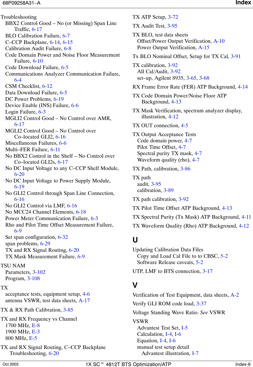 Index68P09258A31–AOct 2003 1X SCt 4812T BTS Optimization/ATP Index-9TroubleshootingBBX2 Control Good – No (or Missing) Span LineTraffic, 6-17BLO Calibration Failure, 6-7C–CCP Backplane, 6-14, 6-15Calibration Audit Failure, 6-8Code Domain Power and Noise Floor MeasurementFailure, 6-10Code Download Failure, 6-5Communications Analyzer Communication Failure,6-4CSM Checklist, 6-12Data Download Failure, 6-5DC Power Problems, 6-19Device Enable (INS) Failure, 6-6Login Failure, 6-3MGLI2 Control Good – No Control over AMR,6-17MGLI2 Control Good – No Control overCo–located GLI2, 6-16Miscellaneous Failures, 6-6Multi–FER Failure, 6-11No BBX2 Control in the Shelf – No Control overCo–located GLI2s, 6-17No DC Input Voltage to any C–CCP Shelf Module,6-20No DC Input Voltage to Power Supply Module,6-19No GLI2 Control through Span Line Connection,6-16No GLI2 Control via LMF, 6-16No MCC24 Channel Elements, 6-18Power Meter Communication Failure, 6-3Rho and Pilot Time Offset Measurement Failure,6-9Set span configuration, 6-32span problems, 6-29TX and RX Signal Routing, 6-20TX Mask Measurement Failure, 6-9TSU NAMParameters, 3-102Program, 3-108TXacceptance tests, equipment setup, 4-6antenna VSWR, test data sheets, A-17TX &amp; RX Path Calibration, 3-85TX and RX Frequency vs Channel1700 MHz, E-81900 MHz, E-3800 MHz, E-5TX and RX Signal Routing, C–CCP BackplaneTroubleshooting, 6-20TX ATP Setup, 3-72TX Audit Test, 3-95TX BLO, test data sheetsOffset/Power Output Verification, A-10Power Output Verification, A-15Tx BLO Nominal Offset, Setup for TX Cal, 3-91TX calibration, 3-92All Cal/Audit, 3-92set–up, Agilent 8935, 3-65, 3-68RX Frame Error Rate (FER) ATP Background, 4-14TX Code Domain Power/Noise Floor ATPBackground, 4-13TX Mask Verification, spectrum analyzer display,illustration, 4-12TX OUT connection, 4-5TX Output Acceptance TestsCode domain power, 4-7Pilot Time Offset, 4-7Spectral purity TX mask, 4-7Waveform quality (rho), 4-7TX Path, calibration, 3-86TX pathaudit, 3-95calibration, 3-89TX path calibration, 3-92TX Pilot Time Offset ATP Background, 4-13TX Spectral Purity (Tx Mask) ATP Background, 4-11TX Waveform Quality (Rho) ATP Background, 4-12UUpdating Calibration Data FilesCopy and Load Cal File to to CBSC, 5-2Software Release caveats, 5-2UTP, LMF to BTS connection, 3-17VVerification of Test Equipment, data sheets, A-2Verify GLI ROM code load, 3-37Voltage Standing Wave Ratio. See VSWRVSWRAdvantest Test Set, I-5Calculation, I-4, I-6Equation, I-4, I-6manual test setup detailAdvantest illustration, I-7