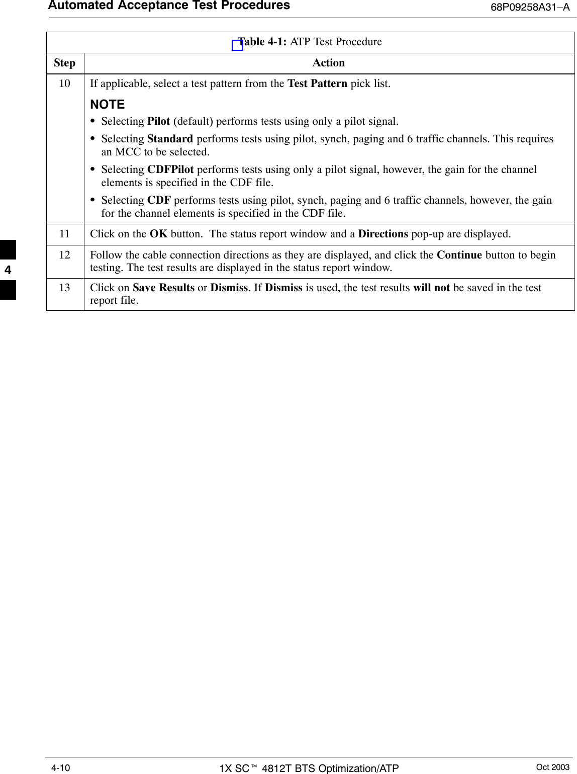 Automated Acceptance Test Procedures 68P09258A31–AOct 20031X SCt 4812T BTS Optimization/ATP4-10Table 4-1: ATP Test ProcedureStep Action10 If applicable, select a test pattern from the Test Pattern pick list.NOTESSelecting Pilot (default) performs tests using only a pilot signal.SSelecting Standard performs tests using pilot, synch, paging and 6 traffic channels. This requiresan MCC to be selected.SSelecting CDFPilot performs tests using only a pilot signal, however, the gain for the channelelements is specified in the CDF file.SSelecting CDF performs tests using pilot, synch, paging and 6 traffic channels, however, the gainfor the channel elements is specified in the CDF file.11 Click on the OK button.  The status report window and a Directions pop-up are displayed.12 Follow the cable connection directions as they are displayed, and click the Continue button to begintesting. The test results are displayed in the status report window.13 Click on Save Results or Dismiss. If Dismiss is used, the test results will not be saved in the testreport file. 4