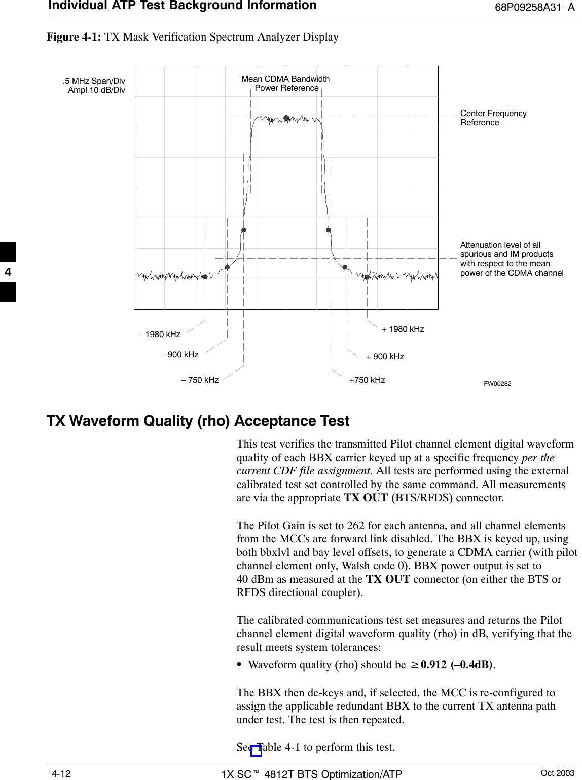 Individual ATP Test Background Information 68P09258A31–AOct 20031X SCt 4812T BTS Optimization/ATP4-12Figure 4-1: TX Mask Verification Spectrum Analyzer Display– 900 kHz + 900 kHzCenter FrequencyReferenceAttenuation level of allspurious and IM productswith respect to the meanpower of the CDMA channel.5 MHz Span/DivAmpl 10 dB/DivMean CDMA Bandwidth Power Reference+750 kHz+ 1980 kHz– 750 kHz– 1980 kHzFW00282TX Waveform Quality (rho) Acceptance TestThis test verifies the transmitted Pilot channel element digital waveformquality of each BBX carrier keyed up at a specific frequency per thecurrent CDF file assignment. All tests are performed using the externalcalibrated test set controlled by the same command. All measurementsare via the appropriate TX OUT (BTS/RFDS) connector.The Pilot Gain is set to 262 for each antenna, and all channel elementsfrom the MCCs are forward link disabled. The BBX is keyed up, usingboth bbxlvl and bay level offsets, to generate a CDMA carrier (with pilotchannel element only, Walsh code 0). BBX power output is set to40 dBm as measured at the TX OUT connector (on either the BTS orRFDS directional coupler).The calibrated communications test set measures and returns the Pilotchannel element digital waveform quality (rho) in dB, verifying that theresult meets system tolerances:SWaveform quality (rho) should be w0.912 (–0.4dB).The BBX then de-keys and, if selected, the MCC is re-configured toassign the applicable redundant BBX to the current TX antenna pathunder test. The test is then repeated.See Table 4-1 to perform this test.4