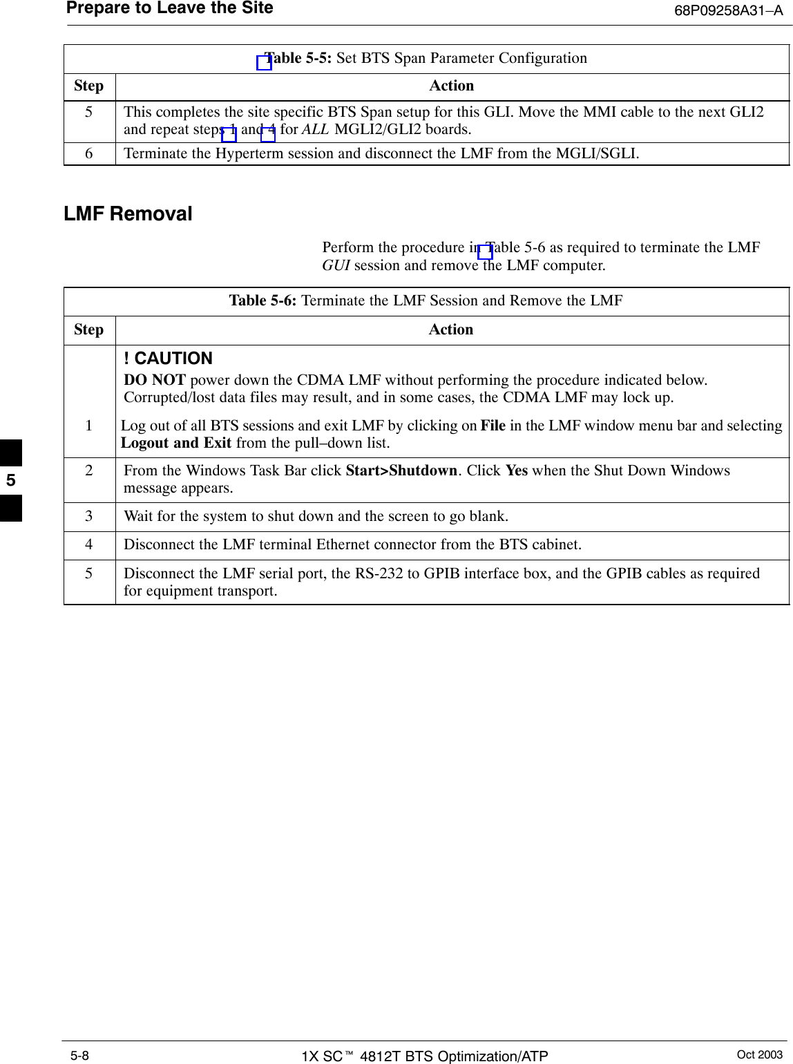 Prepare to Leave the Site 68P09258A31–AOct 20031X SCt 4812T BTS Optimization/ATP5-8Table 5-5: Set BTS Span Parameter ConfigurationStep Action5This completes the site specific BTS Span setup for this GLI. Move the MMI cable to the next GLI2and repeat steps 1 and 4 for ALL MGLI2/GLI2 boards.6Terminate the Hyperterm session and disconnect the LMF from the MGLI/SGLI. LMF RemovalPerform the procedure in Table 5-6 as required to terminate the LMFGUI session and remove the LMF computer.Table 5-6: Terminate the LMF Session and Remove the LMFStep Action! CAUTIONDO NOT power down the CDMA LMF without performing the procedure indicated below.Corrupted/lost data files may result, and in some cases, the CDMA LMF may lock up.1Log out of all BTS sessions and exit LMF by clicking on File in the LMF window menu bar and selectingLogout and Exit from the pull–down list.2From the Windows Task Bar click Start&gt;Shutdown. Click Yes when the Shut Down Windowsmessage appears.3Wait for the system to shut down and the screen to go blank.4Disconnect the LMF terminal Ethernet connector from the BTS cabinet.5Disconnect the LMF serial port, the RS-232 to GPIB interface box, and the GPIB cables as requiredfor equipment transport.5