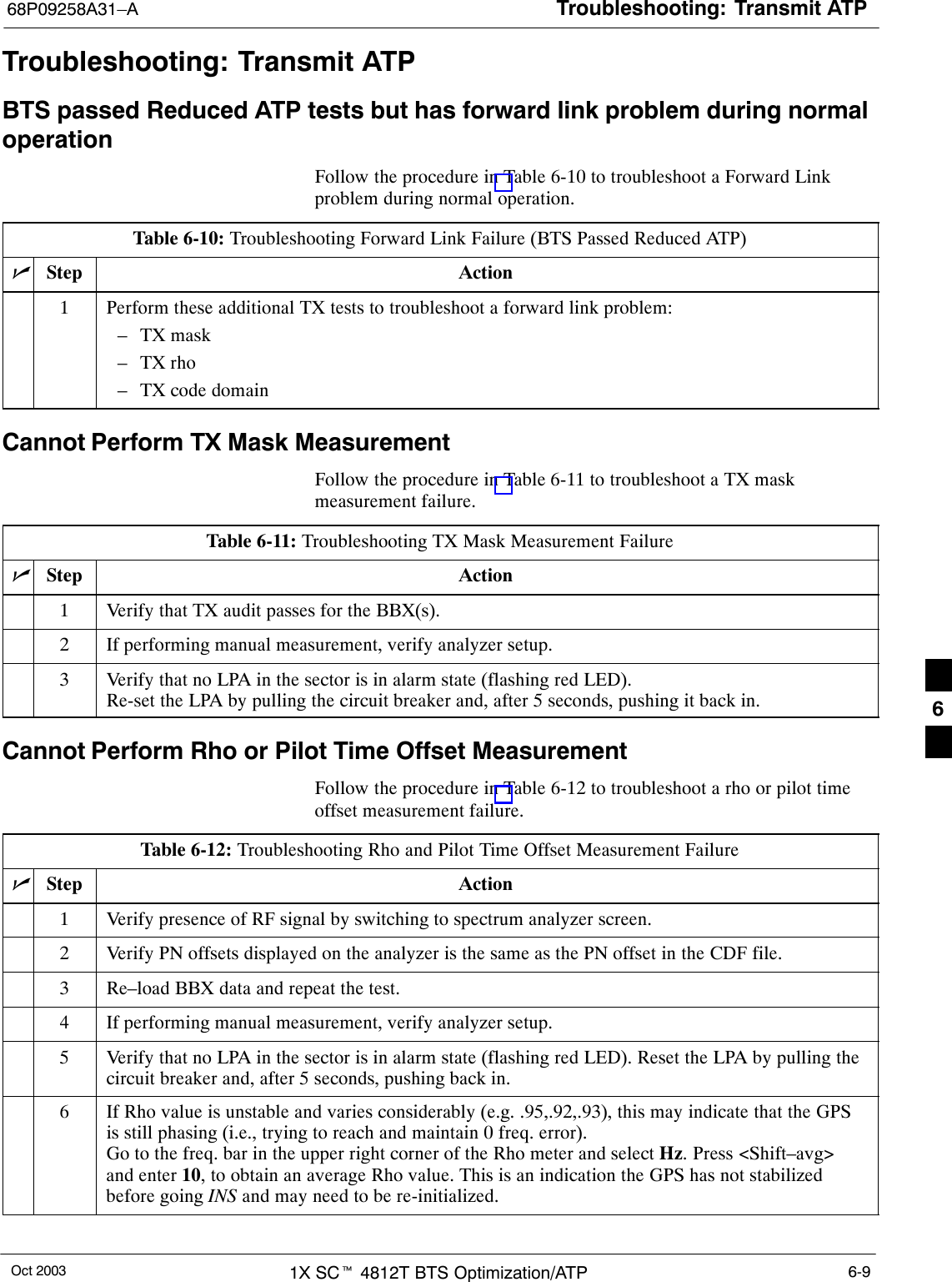 Troubleshooting: Transmit ATP68P09258A31–AOct 2003 1X SCt 4812T BTS Optimization/ATP 6-9Troubleshooting: Transmit ATPBTS passed Reduced ATP tests but has forward link problem during normaloperationFollow the procedure in Table 6-10 to troubleshoot a Forward Linkproblem during normal operation.Table 6-10: Troubleshooting Forward Link Failure (BTS Passed Reduced ATP)nStep Action1Perform these additional TX tests to troubleshoot a forward link problem:– TX mask– TX rho– TX code domainCannot Perform TX Mask MeasurementFollow the procedure in Table 6-11 to troubleshoot a TX maskmeasurement failure.Table 6-11: Troubleshooting TX Mask Measurement FailurenStep Action1Verify that TX audit passes for the BBX(s).2If performing manual measurement, verify analyzer setup.3Verify that no LPA in the sector is in alarm state (flashing red LED).Re-set the LPA by pulling the circuit breaker and, after 5 seconds, pushing it back in.Cannot Perform Rho or Pilot Time Offset MeasurementFollow the procedure in Table 6-12 to troubleshoot a rho or pilot timeoffset measurement failure.Table 6-12: Troubleshooting Rho and Pilot Time Offset Measurement FailurenStep Action1Verify presence of RF signal by switching to spectrum analyzer screen.2Verify PN offsets displayed on the analyzer is the same as the PN offset in the CDF file.3Re–load BBX data and repeat the test.4If performing manual measurement, verify analyzer setup.5Verify that no LPA in the sector is in alarm state (flashing red LED). Reset the LPA by pulling thecircuit breaker and, after 5 seconds, pushing back in.6If Rho value is unstable and varies considerably (e.g. .95,.92,.93), this may indicate that the GPSis still phasing (i.e., trying to reach and maintain 0 freq. error).Go to the freq. bar in the upper right corner of the Rho meter and select Hz. Press &lt;Shift–avg&gt;and enter 10, to obtain an average Rho value. This is an indication the GPS has not stabilizedbefore going INS and may need to be re-initialized. 6