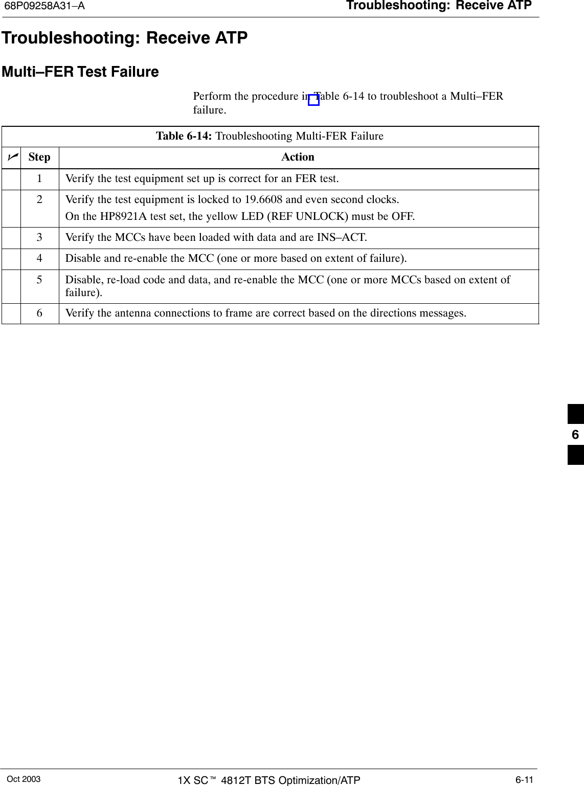 Troubleshooting: Receive ATP68P09258A31–AOct 2003 1X SCt 4812T BTS Optimization/ATP 6-11Troubleshooting: Receive ATPMulti–FER Test FailurePerform the procedure in Table 6-14 to troubleshoot a Multi–FERfailure.Table 6-14: Troubleshooting Multi-FER FailurenStep Action1Verify the test equipment set up is correct for an FER test.2Verify the test equipment is locked to 19.6608 and even second clocks.On the HP8921A test set, the yellow LED (REF UNLOCK) must be OFF.3Verify the MCCs have been loaded with data and are INS–ACT.4Disable and re-enable the MCC (one or more based on extent of failure).5Disable, re-load code and data, and re-enable the MCC (one or more MCCs based on extent offailure).6Verify the antenna connections to frame are correct based on the directions messages. 6