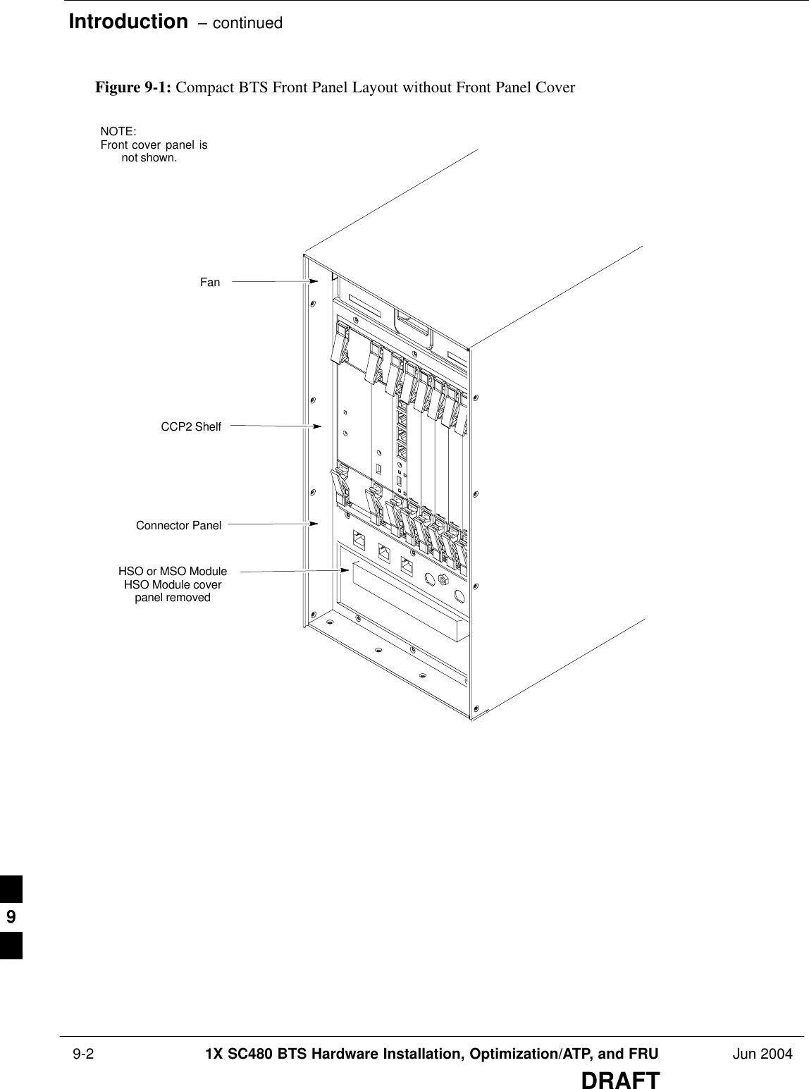 Introduction  – continued 9-2 1X SC480 BTS Hardware Installation, Optimization/ATP, and FRU Jun 2004DRAFTFigure 9-1: Compact BTS Front Panel Layout without Front Panel CoverCCP2 ShelfFanConnector PanelHSO or MSO ModuleHSO Module coverpanel removedNOTE:Front cover panel isnot shown.9