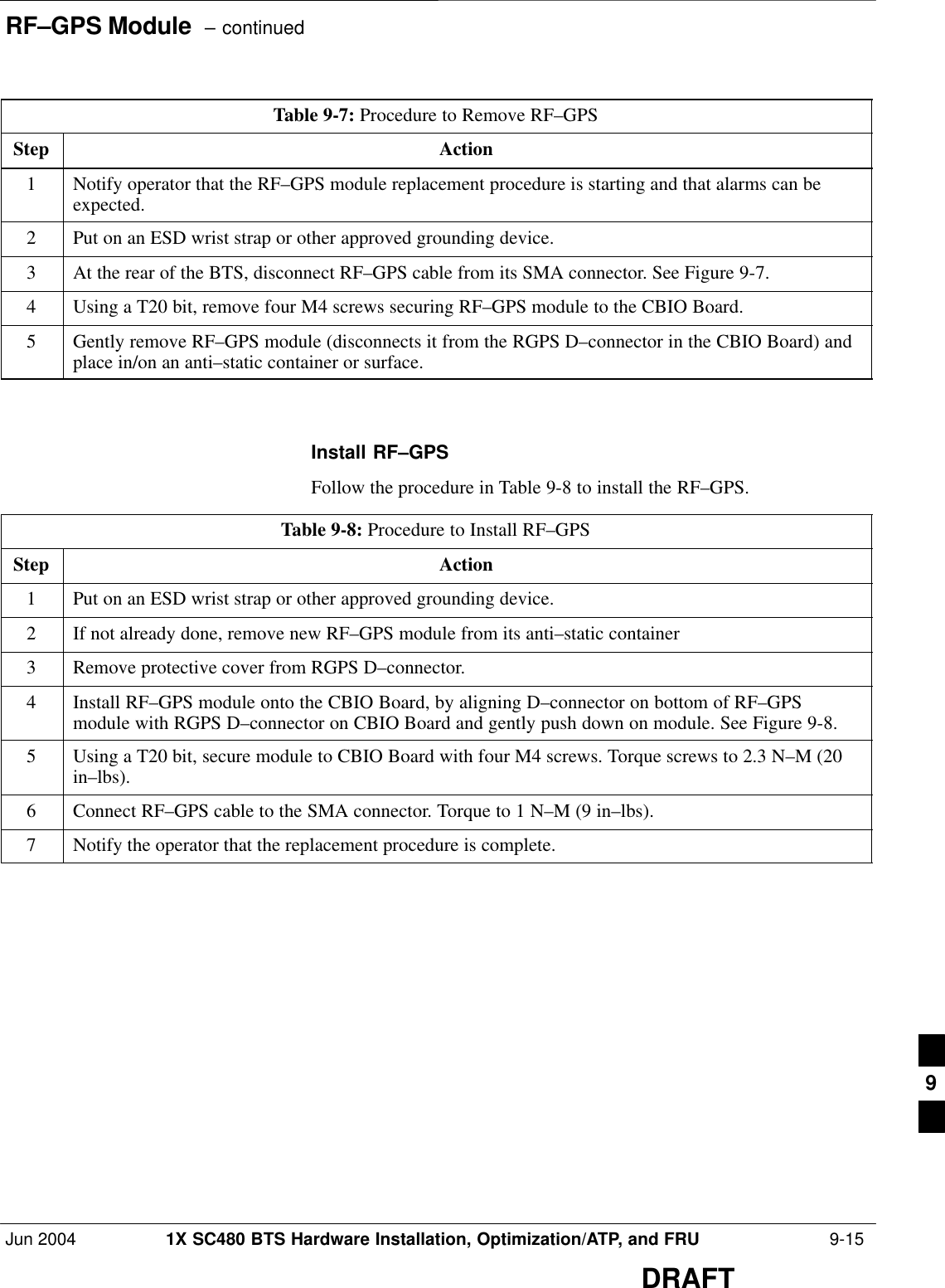 RF–GPS Module  – continuedJun 2004 1X SC480 BTS Hardware Installation, Optimization/ATP, and FRU  9-15DRAFTTable 9-7: Procedure to Remove RF–GPSStep Action1Notify operator that the RF–GPS module replacement procedure is starting and that alarms can beexpected.2Put on an ESD wrist strap or other approved grounding device.3At the rear of the BTS, disconnect RF–GPS cable from its SMA connector. See Figure 9-7.4Using a T20 bit, remove four M4 screws securing RF–GPS module to the CBIO Board.5Gently remove RF–GPS module (disconnects it from the RGPS D–connector in the CBIO Board) andplace in/on an anti–static container or surface.  Install RF–GPSFollow the procedure in Table 9-8 to install the RF–GPS.Table 9-8: Procedure to Install RF–GPSStep Action1Put on an ESD wrist strap or other approved grounding device.2If not already done, remove new RF–GPS module from its anti–static container3Remove protective cover from RGPS D–connector.4Install RF–GPS module onto the CBIO Board, by aligning D–connector on bottom of RF–GPSmodule with RGPS D–connector on CBIO Board and gently push down on module. See Figure 9-8.5Using a T20 bit, secure module to CBIO Board with four M4 screws. Torque screws to 2.3 N–M (20in–lbs).6Connect RF–GPS cable to the SMA connector. Torque to 1 N–M (9 in–lbs).7Notify the operator that the replacement procedure is complete.  9