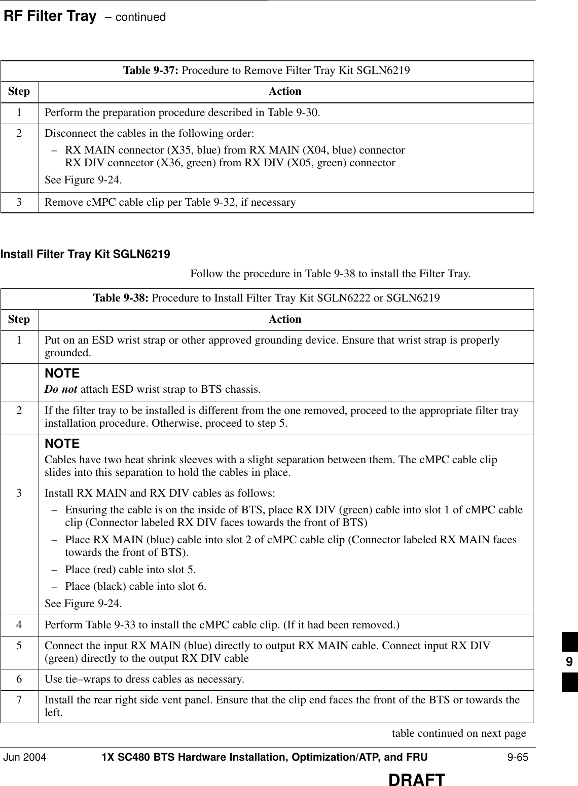 RF Filter Tray  – continuedJun 2004 1X SC480 BTS Hardware Installation, Optimization/ATP, and FRU  9-65DRAFTTable 9-37: Procedure to Remove Filter Tray Kit SGLN6219Step Action1Perform the preparation procedure described in Table 9-30.2Disconnect the cables in the following order:– RX MAIN connector (X35, blue) from RX MAIN (X04, blue) connectorRX DIV connector (X36, green) from RX DIV (X05, green) connectorSee Figure 9-24.3Remove cMPC cable clip per Table 9-32, if necessary  Install Filter Tray Kit SGLN6219Follow the procedure in Table 9-38 to install the Filter Tray.Table 9-38: Procedure to Install Filter Tray Kit SGLN6222 or SGLN6219Step Action1Put on an ESD wrist strap or other approved grounding device. Ensure that wrist strap is properlygrounded.NOTEDo not attach ESD wrist strap to BTS chassis.2If the filter tray to be installed is different from the one removed, proceed to the appropriate filter trayinstallation procedure. Otherwise, proceed to step 5.NOTECables have two heat shrink sleeves with a slight separation between them. The cMPC cable clipslides into this separation to hold the cables in place.3Install RX MAIN and RX DIV cables as follows:– Ensuring the cable is on the inside of BTS, place RX DIV (green) cable into slot 1 of cMPC cableclip (Connector labeled RX DIV faces towards the front of BTS)– Place RX MAIN (blue) cable into slot 2 of cMPC cable clip (Connector labeled RX MAIN facestowards the front of BTS).– Place (red) cable into slot 5.– Place (black) cable into slot 6.See Figure 9-24.4Perform Table 9-33 to install the cMPC cable clip. (If it had been removed.)5Connect the input RX MAIN (blue) directly to output RX MAIN cable. Connect input RX DIV(green) directly to the output RX DIV cable6Use tie–wraps to dress cables as necessary.7Install the rear right side vent panel. Ensure that the clip end faces the front of the BTS or towards theleft. table continued on next page9