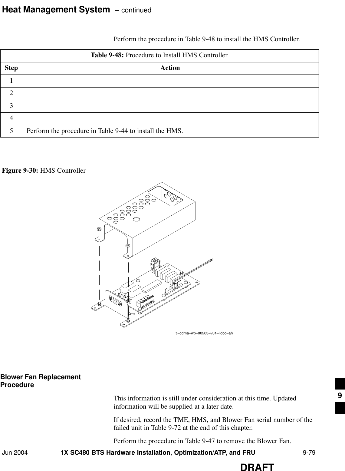 Heat Management System  – continuedJun 2004 1X SC480 BTS Hardware Installation, Optimization/ATP, and FRU  9-79DRAFTPerform the procedure in Table 9-48 to install the HMS Controller.Table 9-48: Procedure to Install HMS ControllerStep Action12345Perform the procedure in Table 9-44 to install the HMS.  Figure 9-30: HMS Controllerti–cdma–wp–00263–v01–ildoc–ahBlower Fan ReplacementProcedureThis information is still under consideration at this time. Updatedinformation will be supplied at a later date.If desired, record the TME, HMS, and Blower Fan serial number of thefailed unit in Table 9-72 at the end of this chapter.Perform the procedure in Table 9-47 to remove the Blower Fan.9