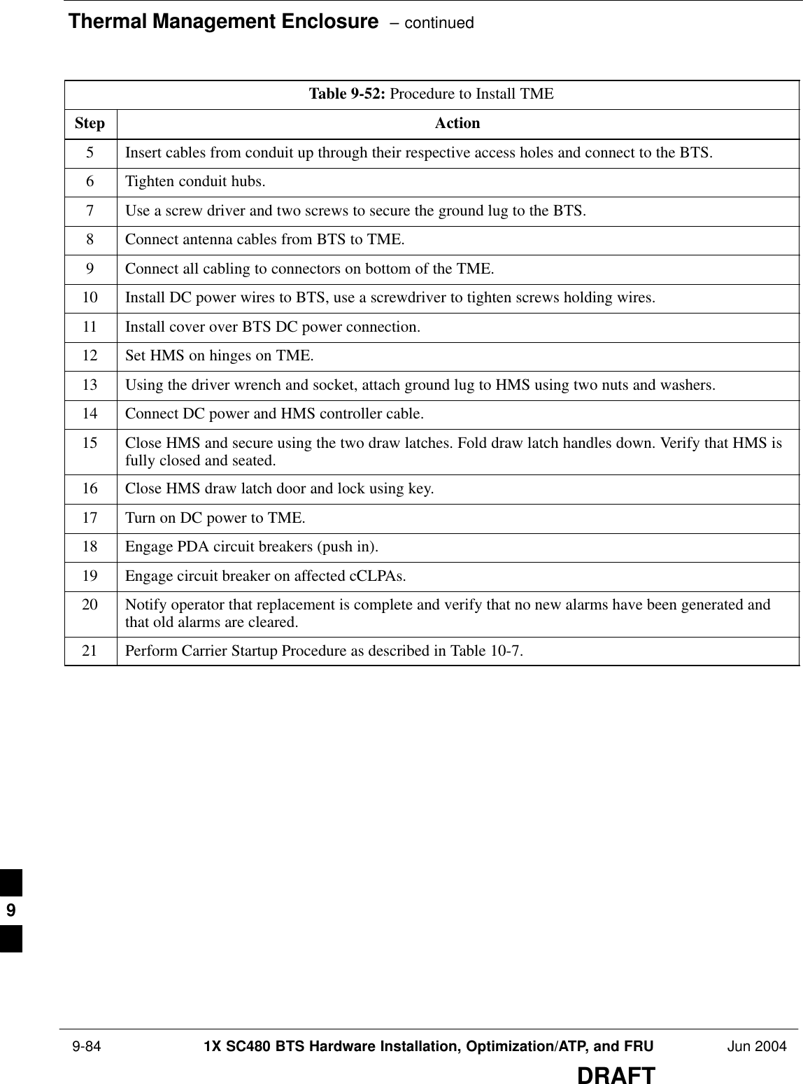 Thermal Management Enclosure  – continued 9-84 1X SC480 BTS Hardware Installation, Optimization/ATP, and FRU Jun 2004DRAFTTable 9-52: Procedure to Install TMEStep Action5Insert cables from conduit up through their respective access holes and connect to the BTS.6Tighten conduit hubs.7Use a screw driver and two screws to secure the ground lug to the BTS.8Connect antenna cables from BTS to TME.9Connect all cabling to connectors on bottom of the TME.10 Install DC power wires to BTS, use a screwdriver to tighten screws holding wires.11 Install cover over BTS DC power connection.12 Set HMS on hinges on TME.13 Using the driver wrench and socket, attach ground lug to HMS using two nuts and washers.14 Connect DC power and HMS controller cable.15 Close HMS and secure using the two draw latches. Fold draw latch handles down. Verify that HMS isfully closed and seated.16 Close HMS draw latch door and lock using key.17 Turn on DC power to TME.18 Engage PDA circuit breakers (push in).19 Engage circuit breaker on affected cCLPAs.20 Notify operator that replacement is complete and verify that no new alarms have been generated andthat old alarms are cleared.21 Perform Carrier Startup Procedure as described in Table 10-7.  9