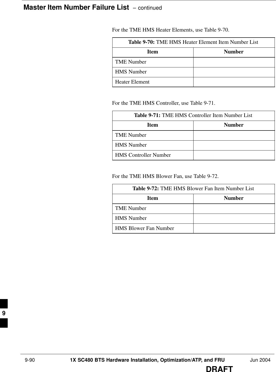 Master Item Number Failure List  – continued 9-90 1X SC480 BTS Hardware Installation, Optimization/ATP, and FRU Jun 2004DRAFTFor the TME HMS Heater Elements, use Table 9-70.Table 9-70: TME HMS Heater Element Item Number ListItem NumberTME NumberHMS NumberHeater Element For the TME HMS Controller, use Table 9-71.Table 9-71: TME HMS Controller Item Number ListItem NumberTME NumberHMS NumberHMS Controller Number For the TME HMS Blower Fan, use Table 9-72.Table 9-72: TME HMS Blower Fan Item Number ListItem NumberTME NumberHMS NumberHMS Blower Fan Number 9