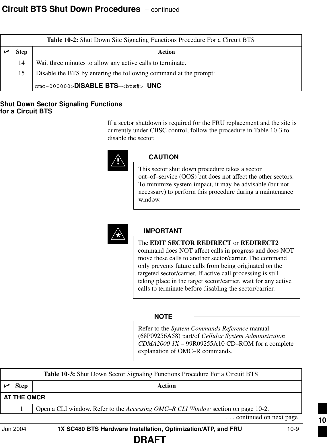 Circuit BTS Shut Down Procedures  – continuedJun 2004 1X SC480 BTS Hardware Installation, Optimization/ATP, and FRU  10-9DRAFTTable 10-2: Shut Down Site Signaling Functions Procedure For a Circuit BTSnActionStep14 Wait three minutes to allow any active calls to terminate.15 Disable the BTS by entering the following command at the prompt:omc–000000&gt;DISABLE BTS–&lt;bts#&gt; UNC Shut Down Sector Signaling Functionsfor a Circuit BTSIf a sector shutdown is required for the FRU replacement and the site iscurrently under CBSC control, follow the procedure in Table 10-3 todisable the sector.This sector shut down procedure takes a sectorout–of–service (OOS) but does not affect the other sectors.To minimize system impact, it may be advisable (but notnecessary) to perform this procedure during a maintenancewindow.CAUTIONThe EDIT SECTOR REDIRECT or REDIRECT2command does NOT affect calls in progress and does NOTmove these calls to another sector/carrier. The commandonly prevents future calls from being originated on thetargeted sector/carrier. If active call processing is stilltaking place in the target sector/carrier, wait for any activecalls to terminate before disabling the sector/carrier.IMPORTANT*Refer to the System Commands Reference manual(68P09256A58) part/of Cellular System AdministrationCDMA2000 1X – 99R09255A10 CD–ROM for a completeexplanation of OMC–R commands.NOTETable 10-3: Shut Down Sector Signaling Functions Procedure For a Circuit BTSnStep ActionAT THE OMCR1Open a CLI window. Refer to the Accessing OMC–R CLI Window section on page 10-2.. . . continued on next page 10