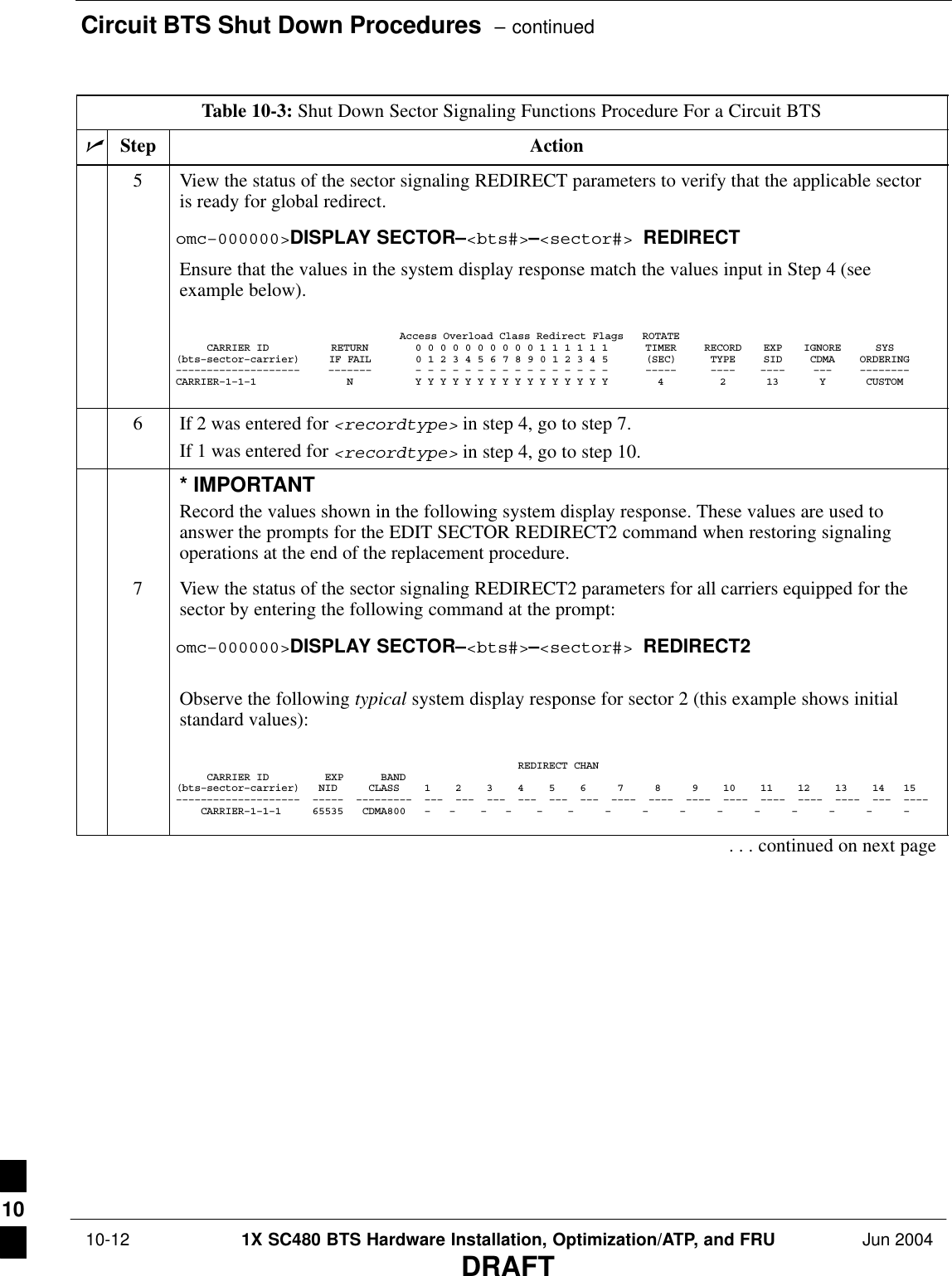 Circuit BTS Shut Down Procedures  – continued 10-12 1X SC480 BTS Hardware Installation, Optimization/ATP, and FRU Jun 2004DRAFTTable 10-3: Shut Down Sector Signaling Functions Procedure For a Circuit BTSnActionStep5View the status of the sector signaling REDIRECT parameters to verify that the applicable sectoris ready for global redirect.omc–000000&gt;DISPLAY SECTOR–&lt;bts#&gt;–&lt;sector#&gt; REDIRECTEnsure that the values in the system display response match the values input in Step 4 (seeexample below).Access Overload Class Redirect Flags ROTATECARRIER ID RETURN 0 0 0 0 0 0 0 0 0 0 1 1 1 1 1 1 TIMER RECORD EXP IGNORE SYS(bts–sector–carrier) IF FAIL 0 1 2 3 4 5 6 7 8 9 0 1 2 3 4 5 (SEC) TYPE SID CDMA ORDERING–––––––––––––––––––– ––––––– – – – – – – – – – – – – – – – – ––––– –––– –––– ––– ––––––––CARRIER–1–1–1 N Y Y Y Y Y Y Y Y Y Y Y Y Y Y Y Y 4 2 13 Y CUSTOM6If 2 was entered for &lt;recordtype&gt; in step 4, go to step 7.If 1 was entered for &lt;recordtype&gt; in step 4, go to step 10.* IMPORTANTRecord the values shown in the following system display response. These values are used toanswer the prompts for the EDIT SECTOR REDIRECT2 command when restoring signalingoperations at the end of the replacement procedure.7View the status of the sector signaling REDIRECT2 parameters for all carriers equipped for thesector by entering the following command at the prompt:omc–000000&gt;DISPLAY SECTOR–&lt;bts#&gt;–&lt;sector#&gt; REDIRECT2Observe the following typical system display response for sector 2 (this example shows initialstandard values):                                                       REDIRECT CHAN     CARRIER ID         EXP      BAND(bts–sector–carrier)   NID     CLASS    1    2    3    4    5    6     7     8     9    10    11    12    13    14   15––––––––––––––––––––  –––––  –––––––––  –––  –––  –––  –––  –––  –––  ––––  ––––  ––––  ––––  ––––  ––––  ––––  –––  ––––    CARRIER–1–1–1     65535   CDMA800   –   –    –   –    –    –     –     –     –     –     –     –     –     –     –     . . . continued on next page10