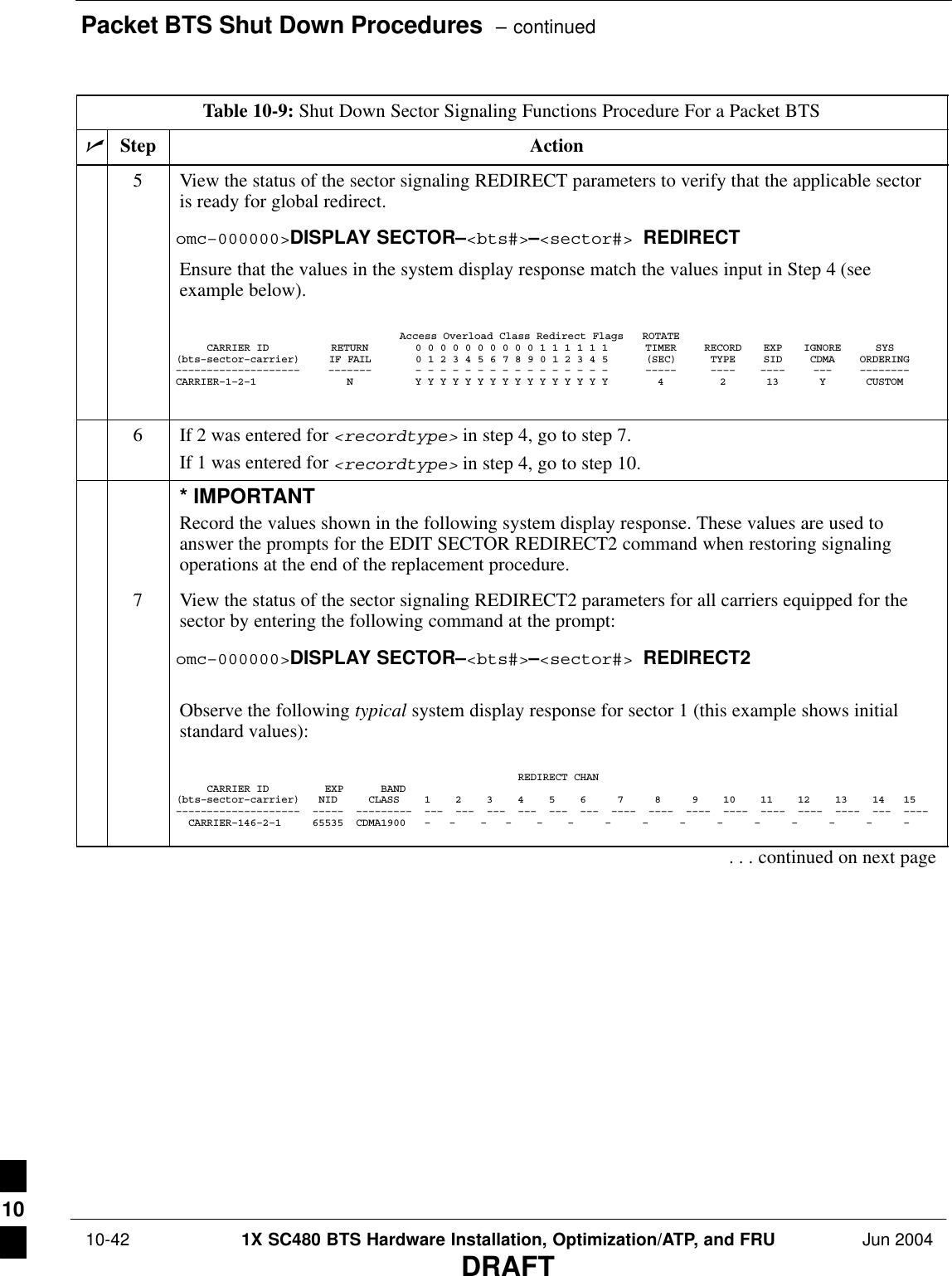 Packet BTS Shut Down Procedures  – continued 10-42 1X SC480 BTS Hardware Installation, Optimization/ATP, and FRU Jun 2004DRAFTTable 10-9: Shut Down Sector Signaling Functions Procedure For a Packet BTSnActionStep5View the status of the sector signaling REDIRECT parameters to verify that the applicable sectoris ready for global redirect.omc–000000&gt;DISPLAY SECTOR–&lt;bts#&gt;–&lt;sector#&gt; REDIRECTEnsure that the values in the system display response match the values input in Step 4 (seeexample below).Access Overload Class Redirect Flags ROTATECARRIER ID RETURN 0 0 0 0 0 0 0 0 0 0 1 1 1 1 1 1 TIMER RECORD EXP IGNORE SYS(bts–sector–carrier) IF FAIL 0 1 2 3 4 5 6 7 8 9 0 1 2 3 4 5 (SEC) TYPE SID CDMA ORDERING–––––––––––––––––––– ––––––– – – – – – – – – – – – – – – – – ––––– –––– –––– ––– ––––––––CARRIER–1–2–1 N Y Y Y Y Y Y Y Y Y Y Y Y Y Y Y Y 4 2 13 Y CUSTOM6If 2 was entered for &lt;recordtype&gt; in step 4, go to step 7.If 1 was entered for &lt;recordtype&gt; in step 4, go to step 10.* IMPORTANTRecord the values shown in the following system display response. These values are used toanswer the prompts for the EDIT SECTOR REDIRECT2 command when restoring signalingoperations at the end of the replacement procedure.7View the status of the sector signaling REDIRECT2 parameters for all carriers equipped for thesector by entering the following command at the prompt:omc–000000&gt;DISPLAY SECTOR–&lt;bts#&gt;–&lt;sector#&gt; REDIRECT2Observe the following typical system display response for sector 1 (this example shows initialstandard values):                                                       REDIRECT CHAN     CARRIER ID         EXP      BAND(bts–sector–carrier)   NID     CLASS    1    2    3    4    5    6     7     8     9    10    11    12    13    14   15––––––––––––––––––––  –––––  –––––––––  –––  –––  –––  –––  –––  –––  ––––  ––––  ––––  ––––  ––––  ––––  ––––  –––  ––––  CARRIER–146–2–1     65535  CDMA1900   –   –    –   –    –    –     –     –     –     –     –     –     –     –     –     . . . continued on next page10