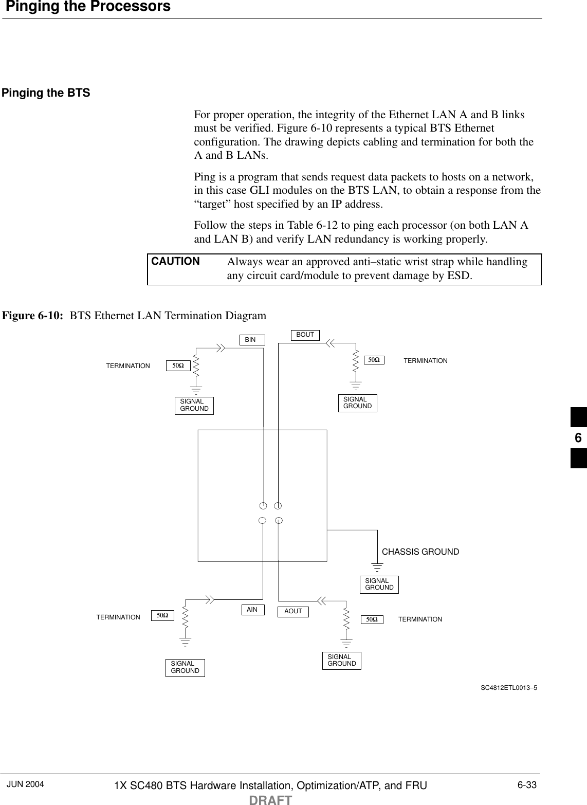 Pinging the ProcessorsJUN 2004 1X SC480 BTS Hardware Installation, Optimization/ATP, and FRUDRAFT6-33Pinging the BTSFor proper operation, the integrity of the Ethernet LAN A and B linksmust be verified. Figure 6-10 represents a typical BTS Ethernetconfiguration. The drawing depicts cabling and termination for both theA and B LANs.Ping is a program that sends request data packets to hosts on a network,in this case GLI modules on the BTS LAN, to obtain a response from the“target” host specified by an IP address.Follow the steps in Table 6-12 to ping each processor (on both LAN Aand LAN B) and verify LAN redundancy is working properly.CAUTION Always wear an approved anti–static wrist strap while handlingany circuit card/module to prevent damage by ESD.SIGNALGROUNDSIGNALGROUND50ΩBINSIGNALGROUND50Ω50ΩSIGNALGROUND50ΩSIGNALGROUNDCHASSIS GROUNDTERMINATION TERMINATIONAINBOUT AOUTSC4812ETL0013–5Figure 6-10:  BTS Ethernet LAN Termination DiagramTERMINATIONTERMINATION6