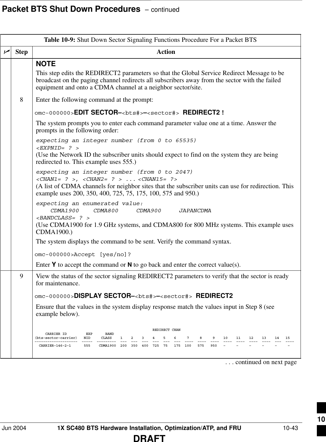 Packet BTS Shut Down Procedures  – continuedJun 2004 1X SC480 BTS Hardware Installation, Optimization/ATP, and FRU  10-43DRAFTTable 10-9: Shut Down Sector Signaling Functions Procedure For a Packet BTSnActionStepNOTEThis step edits the REDIRECT2 parameters so that the Global Service Redirect Message to bebroadcast on the paging channel redirects all subscribers away from the sector with the failedequipment and onto a CDMA channel at a neighbor sector/site.8Enter the following command at the prompt:omc–000000&gt;EDIT SECTOR–&lt;bts#&gt;–&lt;sector#&gt; REDIRECT2 !The system prompts you to enter each command parameter value one at a time. Answer theprompts in the following order:expecting an integer number (from 0 to 65535)&lt;EXPNID= ? &gt;(Use the Network ID the subscriber units should expect to find on the system they are beingredirected to. This example uses 555.)expecting an integer number (from 0 to 2047)&lt;CHAN1= ? &gt;, &lt;CHAN2= ? &gt; ... &lt;CHAN15= ?&gt;(A list of CDMA channels for neighbor sites that the subscriber units can use for redirection. Thisexample uses 200, 350, 400, 725, 75, 175, 100, 575 and 950.)expecting an enumerated value:    CDMA1900    CDMA800     CDMA900     JAPANCDMA&lt;BANDCLASS= ? &gt;(Use CDMA1900 for 1.9 GHz systems, and CDMA800 for 800 MHz systems. This example usesCDMA1900.)The system displays the command to be sent. Verify the command syntax.omc–000000&gt;Accept [yes/no]?Enter Y to accept the command or N to go back and enter the correct value(s).9View the status of the sector signaling REDIRECT2 parameters to verify that the sector is readyfor maintenance.omc–000000&gt;DISPLAY SECTOR–&lt;bts#&gt;–&lt;sector#&gt; REDIRECT2Ensure that the values in the system display response match the values input in Step 8 (seeexample below).                                                       REDIRECT CHAN     CARRIER ID         EXP      BAND(bts–sector–carrier)   NID     CLASS    1    2    3    4    5    6     7     8     9    10    11    12    13    14   15––––––––––––––––––––  –––––  –––––––––  –––  –––  –––  –––  –––  –––  ––––  ––––  ––––  ––––  ––––  ––––  ––––  –––  ––––  CARRIER–146–2–1      555    CDMA1900  200  350  400  725  75   175  100   575   950   –     –     –     –     –     –    . . . continued on next page10