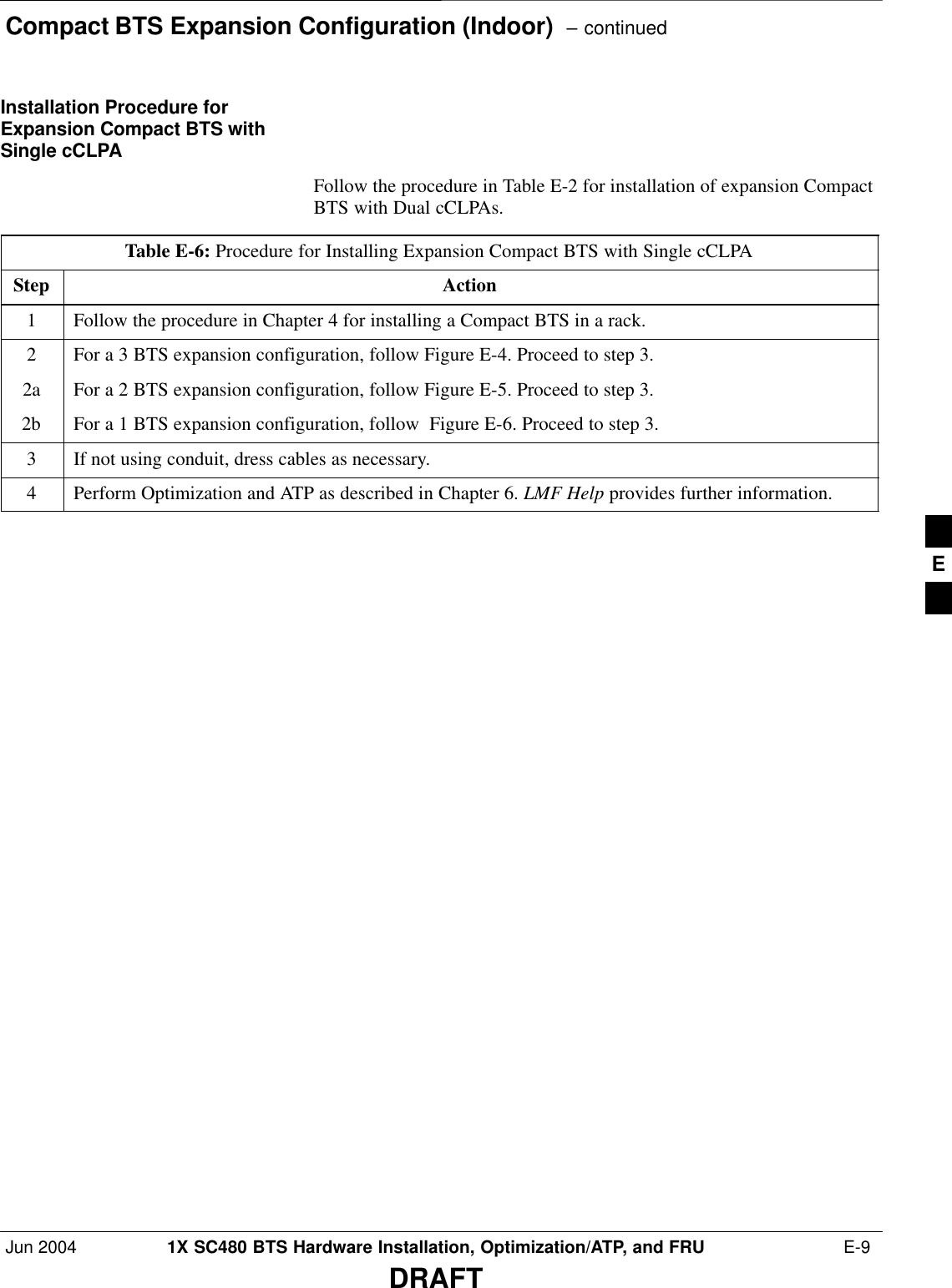 Compact BTS Expansion Configuration (Indoor)  – continuedJun 2004 1X SC480 BTS Hardware Installation, Optimization/ATP, and FRU  E-9DRAFTInstallation Procedure forExpansion Compact BTS withSingle cCLPAFollow the procedure in Table E-2 for installation of expansion CompactBTS with Dual cCLPAs.Table E-6: Procedure for Installing Expansion Compact BTS with Single cCLPAStep Action1Follow the procedure in Chapter 4 for installing a Compact BTS in a rack.2For a 3 BTS expansion configuration, follow Figure E-4. Proceed to step 3.2a For a 2 BTS expansion configuration, follow Figure E-5. Proceed to step 3.2b For a 1 BTS expansion configuration, follow  Figure E-6. Proceed to step 3.3If not using conduit, dress cables as necessary.4Perform Optimization and ATP as described in Chapter 6. LMF Help provides further information.  E