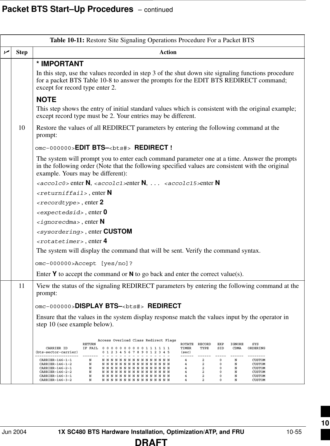 Packet BTS Start–Up Procedures  – continuedJun 2004 1X SC480 BTS Hardware Installation, Optimization/ATP, and FRU  10-55DRAFTTable 10-11: Restore Site Signaling Operations Procedure For a Packet BTSnActionStep* IMPORTANTIn this step, use the values recorded in step 3 of the shut down site signaling functions procedurefor a packet BTS Table 10-8 to answer the prompts for the EDIT BTS REDIRECT command;except for record type enter 2.NOTEThis step shows the entry of initial standard values which is consistent with the original example;except record type must be 2. Your entries may be different.10 Restore the values of all REDIRECT parameters by entering the following command at theprompt:omc–000000&gt;EDIT BTS–&lt;bts#&gt; REDIRECT !The system will prompt you to enter each command parameter one at a time. Answer the promptsin the following order (Note that the following specified values are consistent with the originalexample. Yours may be different):&lt;accolc0&gt; enter N, &lt;accolc1&gt;enter N, ... &lt;accolc15&gt;enter N&lt;returniffail&gt; , enter N&lt;recordtype&gt; , enter 2&lt;expectedsid&gt; , enter 0&lt;ignorecdma&gt; , enter N&lt;sysordering&gt; , enter CUSTOM&lt;rotatetimer&gt; , enter 4The system will display the command that will be sent. Verify the command syntax.omc–000000&gt;Accept [yes/no]?Enter Y to accept the command or N to go back and enter the correct value(s).11 View the status of the signaling REDIRECT parameters by entering the following command at theprompt:omc–000000&gt;DISPLAY BTS–&lt;bts#&gt; REDIRECTEnsure that the values in the system display response match the values input by the operator instep 10 (see example below).                             Access Overload Class Redirect Flags                      RETURN                                       ROTATE  RECORD   EXP   IGNORE    SYS     CARRIER ID       IF FAIL  0 0 0 0 0 0 0 0 0 0 1 1 1 1 1 1     TIMER    TYPE    SID    CDMA   ORDERING(bts–sector–carrier)           0 1 2 3 4 5 6 7 8 9 0 1 2 3 4 5     (sec)––––––––––––––––––––  –––––––  – – – – – – – – – – – – – – – –     ––––––  ––––––  –––––  ––––––  ––––––––  CARRIER–146–1–1        N     N N N N N N N N N N N N N N N N       4       2       0      N       CUSTOM  CARRIER–146–1–2        N     N N N N N N N N N N N N N N N N       4       2       0      N       CUSTOM  CARRIER–146–2–1        N     N N N N N N N N N N N N N N N N       4       2       0      N       CUSTOM  CARRIER–146–2–2        N     N N N N N N N N N N N N N N N N       4       2       0      N       CUSTOM  CARRIER–146–3–1        N     N N N N N N N N N N N N N N N N       4       2       0      N       CUSTOM  CARRIER–146–3–2        N     N N N N N N N N N N N N N N N N       4       2       0      N       CUSTOM 10