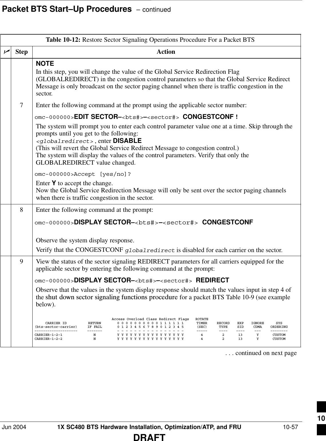 Packet BTS Start–Up Procedures  – continuedJun 2004 1X SC480 BTS Hardware Installation, Optimization/ATP, and FRU  10-57DRAFTTable 10-12: Restore Sector Signaling Operations Procedure For a Packet BTSnActionStepNOTEIn this step, you will change the value of the Global Service Redirection Flag(GLOBALREDIRECT) in the congestion control parameters so that the Global Service RedirectMessage is only broadcast on the sector paging channel when there is traffic congestion in thesector.7Enter the following command at the prompt using the applicable sector number:omc–000000&gt;EDIT SECTOR–&lt;bts#&gt;–&lt;sector#&gt; CONGESTCONF !The system will prompt you to enter each control parameter value one at a time. Skip through theprompts until you get to the following:&lt;globalredirect&gt; , enter DISABLE (This will revert the Global Service Redirect Message to congestion control.)The system will display the values of the control parameters. Verify that only theGLOBALREDIRECT value changed.omc–000000&gt;Accept [yes/no]?Enter Y to accept the change.Now the Global Service Redirection Message will only be sent over the sector paging channelswhen there is traffic congestion in the sector.8Enter the following command at the prompt:omc–000000&gt;DISPLAY SECTOR–&lt;bts#&gt;–&lt;sector#&gt; CONGESTCONFObserve the system display response.Verify that the CONGESTCONF globalredirect is disabled for each carrier on the sector.9View the status of the sector signaling REDIRECT parameters for all carriers equipped for theapplicable sector by entering the following command at the prompt:omc–000000&gt;DISPLAY SECTOR–&lt;bts#&gt;–&lt;sector#&gt; REDIRECTObserve that the values in the system display response should match the values input in step 4 ofthe shut  down  sector  signaling  functions  procedure for a packet BTS Table 10-9 (see examplebelow).Access Overload Class Redirect Flags ROTATECARRIER ID RETURN 0 0 0 0 0 0 0 0 0 0 1 1 1 1 1 1 TIMER RECORD EXP IGNORE SYS(bts–sector–carrier) IF FAIL 0 1 2 3 4 5 6 7 8 9 0 1 2 3 4 5 (SEC) TYPE SID CDMA ORDERING–––––––––––––––––––– ––––––– – – – – – – – – – – – – – – – – ––––– –––– –––– ––– ––––––––CARRIER–1–2–1 N Y Y Y Y Y Y Y Y Y Y Y Y Y Y Y Y 4 2 13 Y CUSTOMCARRIER–1–2–2 N Y Y Y Y Y Y Y Y Y Y Y Y Y Y Y Y 4 2 13 Y CUSTOM. . . continued on next page10