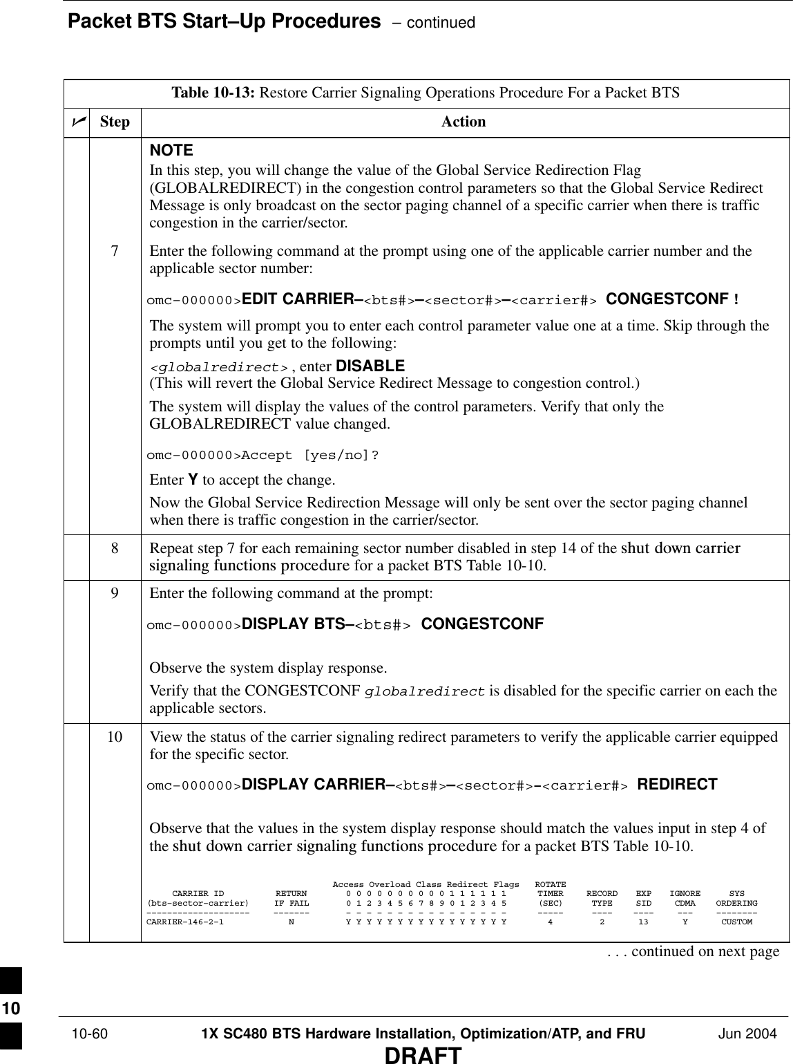 Packet BTS Start–Up Procedures  – continued 10-60 1X SC480 BTS Hardware Installation, Optimization/ATP, and FRU Jun 2004DRAFTTable 10-13: Restore Carrier Signaling Operations Procedure For a Packet BTSnActionStepNOTEIn this step, you will change the value of the Global Service Redirection Flag(GLOBALREDIRECT) in the congestion control parameters so that the Global Service RedirectMessage is only broadcast on the sector paging channel of a specific carrier when there is trafficcongestion in the carrier/sector.7Enter the following command at the prompt using one of the applicable carrier number and theapplicable sector number:omc–000000&gt;EDIT CARRIER–&lt;bts#&gt;–&lt;sector#&gt;–&lt;carrier#&gt; CONGESTCONF !The system will prompt you to enter each control parameter value one at a time. Skip through theprompts until you get to the following:&lt;globalredirect&gt; , enter DISABLE (This will revert the Global Service Redirect Message to congestion control.)The system will display the values of the control parameters. Verify that only theGLOBALREDIRECT value changed.omc–000000&gt;Accept [yes/no]?Enter Y to accept the change.Now the Global Service Redirection Message will only be sent over the sector paging channelwhen there is traffic congestion in the carrier/sector.8Repeat step 7 for each remaining sector number disabled in step 14 of the shut  down  carriersignaling  functions  procedure for a packet BTS Table 10-10.9Enter the following command at the prompt:omc–000000&gt;DISPLAY BTS–&lt;bts#&gt; CONGESTCONFObserve the system display response.Verify that the CONGESTCONF globalredirect is disabled for the specific carrier on each theapplicable sectors.10 View the status of the carrier signaling redirect parameters to verify the applicable carrier equippedfor the specific sector.omc–000000&gt;DISPLAY CARRIER–&lt;bts#&gt;–&lt;sector#&gt;–&lt;carrier#&gt; REDIRECTObserve that the values in the system display response should match the values input in step 4 ofthe shut  down  carrier  signaling  functions  procedure for a packet BTS Table 10-10.Access Overload Class Redirect Flags ROTATECARRIER ID RETURN 0 0 0 0 0 0 0 0 0 0 1 1 1 1 1 1 TIMER RECORD EXP IGNORE SYS(bts–sector–carrier) IF FAIL 0 1 2 3 4 5 6 7 8 9 0 1 2 3 4 5 (SEC) TYPE SID CDMA ORDERING–––––––––––––––––––– ––––––– – – – – – – – – – – – – – – – – ––––– –––– –––– ––– ––––––––CARRIER–146–2–1 N Y Y Y Y Y Y Y Y Y Y Y Y Y Y Y Y 4 2 13 Y CUSTOM. . . continued on next page10