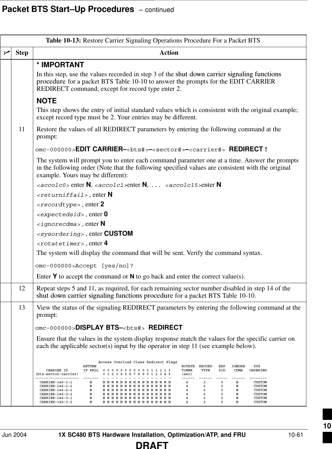 Packet BTS Start–Up Procedures  – continuedJun 2004 1X SC480 BTS Hardware Installation, Optimization/ATP, and FRU  10-61DRAFTTable 10-13: Restore Carrier Signaling Operations Procedure For a Packet BTSnActionStep* IMPORTANTIn this step, use the values recorded in step 3 of the shut  down  carrier  signaling  functionsprocedure for a packet BTS Table 10-10 to answer the prompts for the EDIT CARRIERREDIRECT command; except for record type enter 2.NOTEThis step shows the entry of initial standard values which is consistent with the original example;except record type must be 2. Your entries may be different.11 Restore the values of all REDIRECT parameters by entering the following command at theprompt:omc–000000&gt;EDIT CARRIER–&lt;bts#&gt;–&lt;sector#&gt;–&lt;carrier#&gt; REDIRECT !The system will prompt you to enter each command parameter one at a time. Answer the promptsin the following order (Note that the following specified values are consistent with the originalexample. Yours may be different):&lt;accolc0&gt; enter N, &lt;accolc1&gt;enter N, ... &lt;accolc15&gt;enter N&lt;returniffail&gt; , enter N&lt;recordtype&gt; , enter 2&lt;expectedsid&gt; , enter 0&lt;ignorecdma&gt; , enter N&lt;sysordering&gt; , enter CUSTOM&lt;rotatetimer&gt; , enter 4The system will display the command that will be sent. Verify the command syntax.omc–000000&gt;Accept [yes/no]?Enter Y to accept the command or N to go back and enter the correct value(s).12 Repeat steps 5 and 11, as required, for each remaining sector number disabled in step 14 of theshut  down  carrier  signaling  functions  procedure for a packet BTS Table 10-10.13 View the status of the signaling REDIRECT parameters by entering the following command at theprompt:omc–000000&gt;DISPLAY BTS–&lt;bts#&gt; REDIRECTEnsure that the values in the system display response match the values for the specific carrier oneach the applicable sector(s) input by the operator in step 11 (see example below).                             Access Overload Class Redirect Flags                      RETURN                                       ROTATE  RECORD   EXP   IGNORE    SYS     CARRIER ID       IF FAIL  0 0 0 0 0 0 0 0 0 0 1 1 1 1 1 1     TIMER    TYPE    SID    CDMA   ORDERING(bts–sector–carrier)           0 1 2 3 4 5 6 7 8 9 0 1 2 3 4 5     (sec)––––––––––––––––––––  –––––––  – – – – – – – – – – – – – – – –     ––––––  ––––––  –––––  ––––––  ––––––––  CARRIER–146–1–1        N     N N N N N N N N N N N N N N N N       4       2       0      N       CUSTOM  CARRIER–146–1–2        N     N N N N N N N N N N N N N N N N       4       2       0      N       CUSTOM  CARRIER–146–2–1        N     N N N N N N N N N N N N N N N N       4       2       0      N       CUSTOM  CARRIER–146–2–2        N     N N N N N N N N N N N N N N N N       4       2       0      N       CUSTOM  CARRIER–146–3–1        N     N N N N N N N N N N N N N N N N       4       2       0      N       CUSTOM  CARRIER–146–3–2        N     N N N N N N N N N N N N N N N N       4       2       0      N       CUSTOM 10