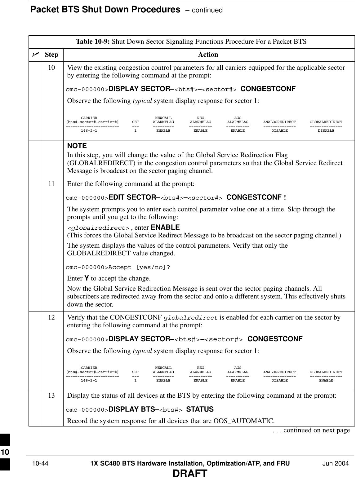 Packet BTS Shut Down Procedures  – continued 10-44 1X SC480 BTS Hardware Installation, Optimization/ATP, and FRU Jun 2004DRAFTTable 10-9: Shut Down Sector Signaling Functions Procedure For a Packet BTSnActionStep10 View the existing congestion control parameters for all carriers equipped for the applicable sectorby entering the following command at the prompt:omc–000000&gt;DISPLAY SECTOR–&lt;bts#&gt;–&lt;sector#&gt; CONGESTCONFObserve the following typical system display response for sector 1:CARRIER NEWCALL REG AGG(bts#–sector#–carrier#) SET ALARMFLAG ALARMFLAG ALARMFLAG ANALOGREDIRECT GLOBALREDIRECT––––––––––––––––––––––– ––– ––––––––– –––––––––– –––––––––– –––––––––––––– ––––––––––––––146–2–1 1 ENABLE ENABLE ENABLE DISABLE DISABLENOTEIn this step, you will change the value of the Global Service Redirection Flag(GLOBALREDIRECT) in the congestion control parameters so that the Global Service RedirectMessage is broadcast on the sector paging channel.11 Enter the following command at the prompt:omc–000000&gt;EDIT SECTOR–&lt;bts#&gt;–&lt;sector#&gt; CONGESTCONF !The system prompts you to enter each control parameter value one at a time. Skip through theprompts until you get to the following:&lt;globalredirect&gt; , enter ENABLE (This forces the Global Service Redirect Message to be broadcast on the sector paging channel.)The system displays the values of the control parameters. Verify that only theGLOBALREDIRECT value changed.omc–000000&gt;Accept [yes/no]?Enter Y to accept the change.Now the Global Service Redirection Message is sent over the sector paging channels. Allsubscribers are redirected away from the sector and onto a different system. This effectively shutsdown the sector.12 Verify that the CONGESTCONF globalredirect is enabled for each carrier on the sector byentering the following command at the prompt:omc–000000&gt;DISPLAY SECTOR–&lt;bts#&gt;–&lt;sector#&gt; CONGESTCONFObserve the following typical system display response for sector 1:CARRIER NEWCALL REG AGG(bts#–sector#–carrier#) SET ALARMFLAG ALARMFLAG ALARMFLAG ANALOGREDIRECT GLOBALREDIRECT––––––––––––––––––––––– ––– ––––––––– –––––––––– –––––––––– –––––––––––––– ––––––––––––––146–2–1 1 ENABLE ENABLE ENABLE DISABLE ENABLE13 Display the status of all devices at the BTS by entering the following command at the prompt:omc–000000&gt;DISPLAY BTS–&lt;bts#&gt; STATUSRecord the system response for all devices that are OOS_AUTOMATIC.. . . continued on next page10