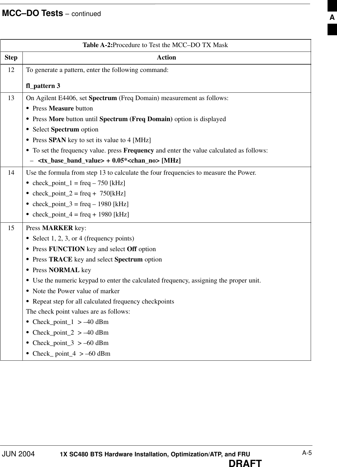 MCC–DO Tests – continuedJUN 2004 A-51X SC480 BTS Hardware Installation, Optimization/ATP, and FRUDRAFTTable A-2:Procedure to Test the MCC–DO TX MaskStep Action12 To generate a pattern, enter the following command:fl_pattern 313 On Agilent E4406, set Spectrum (Freq Domain) measurement as follows:SPress Measure buttonSPress More button until Spectrum (Freq Domain) option is displayedSSelect Spectrum optionSPress SPAN key to set its value to 4 [MHz]STo set the frequency value. press Frequency and enter the value calculated as follows:–&lt;tx_base_band_value&gt; + 0.05*&lt;chan_no&gt; [MHz]14 Use the formula from step 13 to calculate the four frequencies to measure the Power.Scheck_point_1 = freq – 750 [kHz]Scheck_point_2 = freq +  750[kHz]Scheck_point_3 = freq – 1980 [kHz]Scheck_point_4 = freq + 1980 [kHz]15 Press MARKER key:SSelect 1, 2, 3, or 4 (frequency points)SPress FUNCTION key and select Off optionSPress TRACE key and select Spectrum optionSPress NORMAL keySUse the numeric keypad to enter the calculated frequency, assigning the proper unit.SNote the Power value of markerSRepeat step for all calculated frequency checkpointsThe check point values are as follows:SCheck_point_1  &gt; –40 dBmSCheck_point_2  &gt; –40 dBmSCheck_point_3  &gt; –60 dBmSCheck_ point_4  &gt; –60 dBm  A