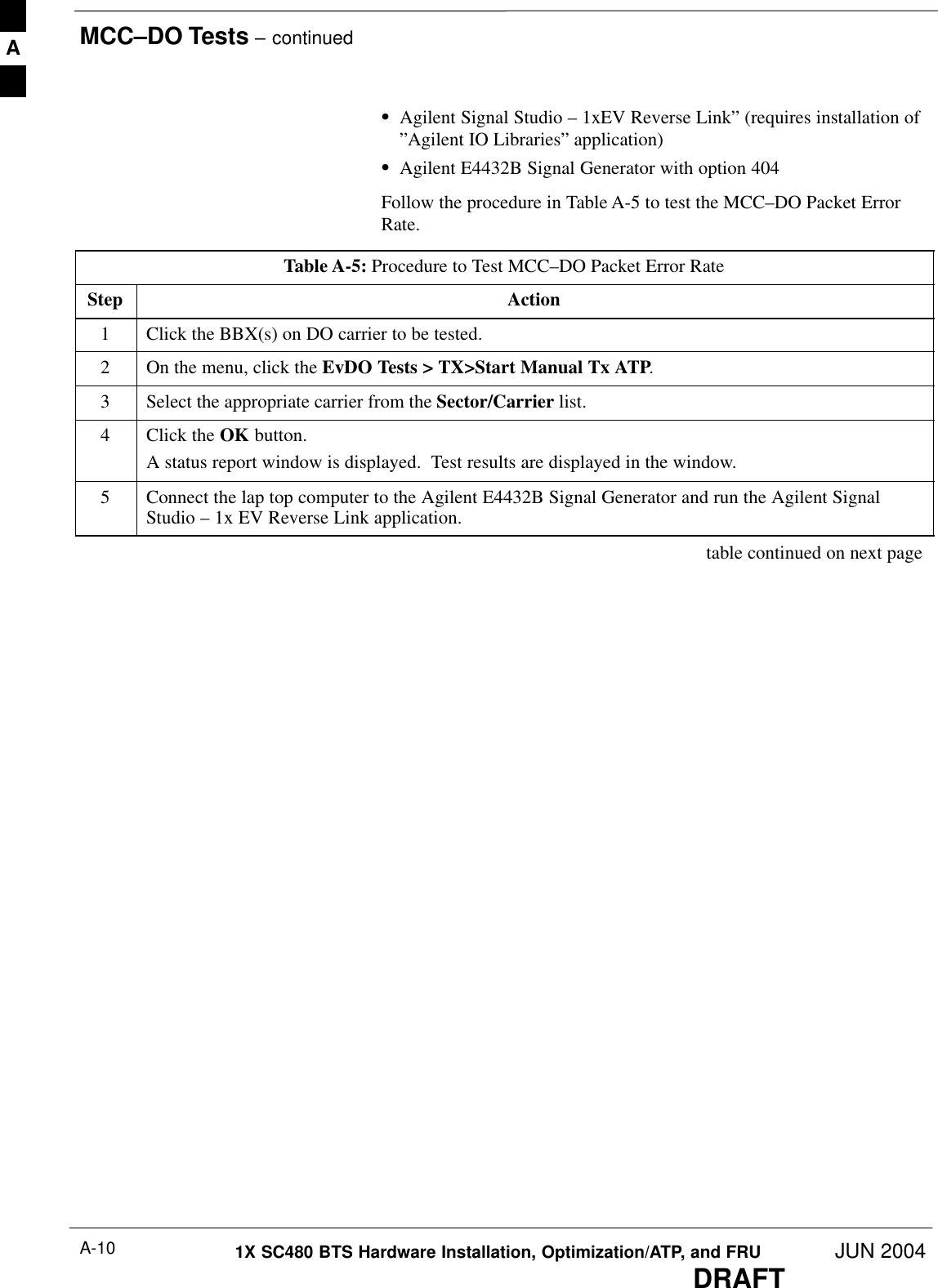 MCC–DO Tests – continuedDRAFT1X SC480 BTS Hardware Installation, Optimization/ATP, and FRU JUN 2004A-10SAgilent Signal Studio – 1xEV Reverse Link” (requires installation of”Agilent IO Libraries” application)SAgilent E4432B Signal Generator with option 404Follow the procedure in Table A-5 to test the MCC–DO Packet ErrorRate.Table A-5: Procedure to Test MCC–DO Packet Error RateStep Action1Click the BBX(s) on DO carrier to be tested.2On the menu, click the EvDO Tests &gt; TX&gt;Start Manual Tx ATP.3Select the appropriate carrier from the Sector/Carrier list.4Click the OK button.A status report window is displayed.  Test results are displayed in the window.5Connect the lap top computer to the Agilent E4432B Signal Generator and run the Agilent SignalStudio – 1x EV Reverse Link application. table continued on next pageA