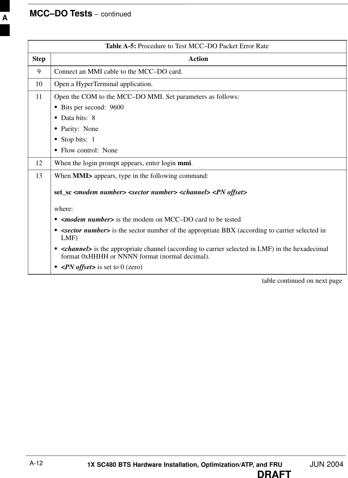 MCC–DO Tests – continuedDRAFT1X SC480 BTS Hardware Installation, Optimization/ATP, and FRU JUN 2004A-12Table A-5: Procedure to Test MCC–DO Packet Error RateStep Action9Connect an MMI cable to the MCC–DO card.10 Open a HyperTerminal application.11 Open the COM to the MCC–DO MMI. Set parameters as follows:SBits per second:  9600SData bits:  8SParity:  NoneSStop bits:  1SFlow control:  None12 When the login prompt appears, enter login mmi.13 When MMI&gt; appears, type in the following command:set_sc &lt;modem number&gt; &lt;sector number&gt; &lt;channel&gt; &lt;PN offset&gt;where:S&lt;modem number&gt; is the modem on MCC–DO card to be testedS&lt;sector number&gt; is the sector number of the appropriate BBX (according to carrier selected inLMF)S&lt;channel&gt; is the appropriate channel (according to carrier selected in LMF) in the hexadecimalformat 0xHHHH or NNNN format (normal decimal).S&lt;PN offset&gt; is set to 0 (zero) table continued on next pageA